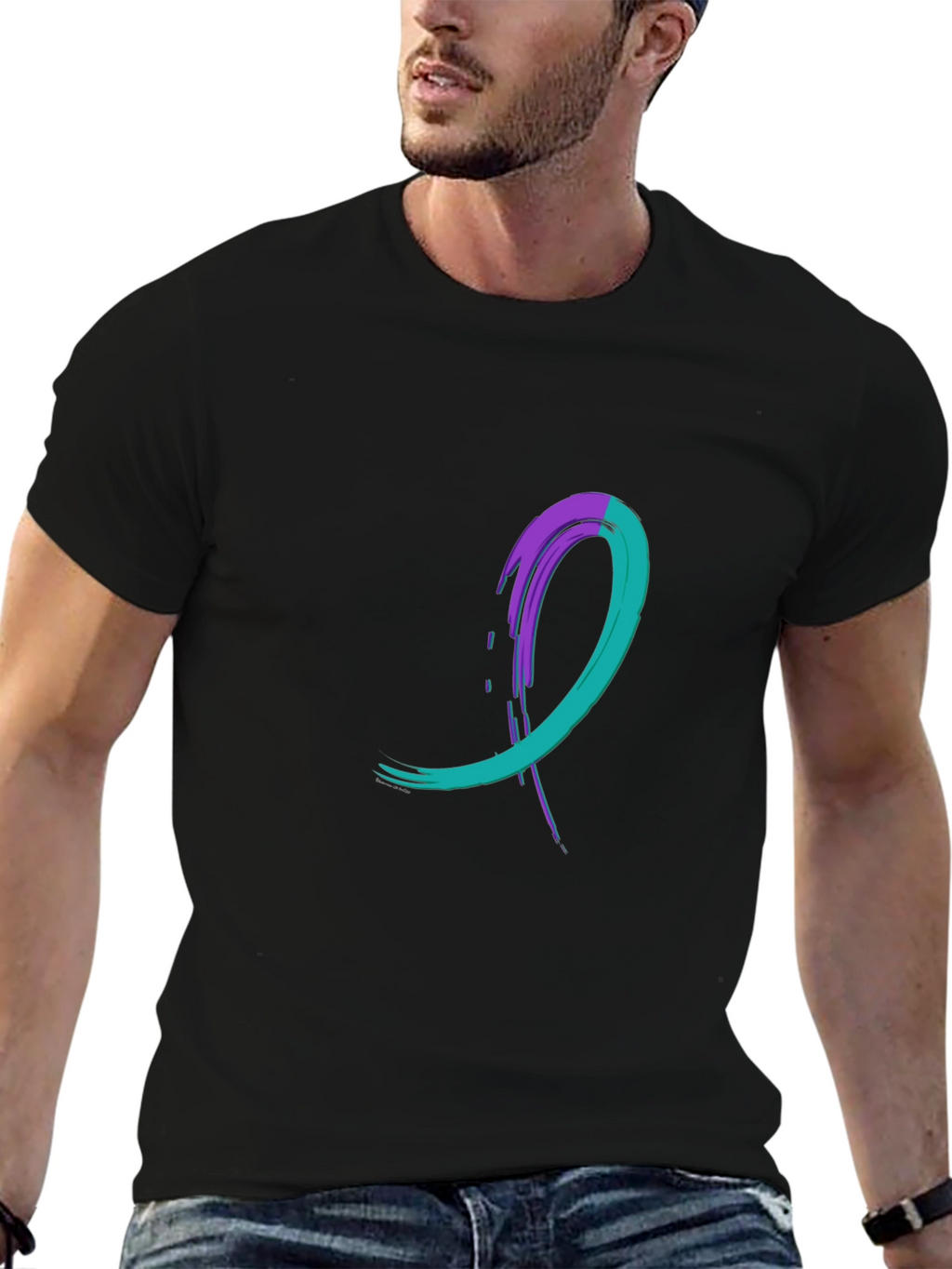Teal & Purple Awareness Ribbon Black T-Shirt
