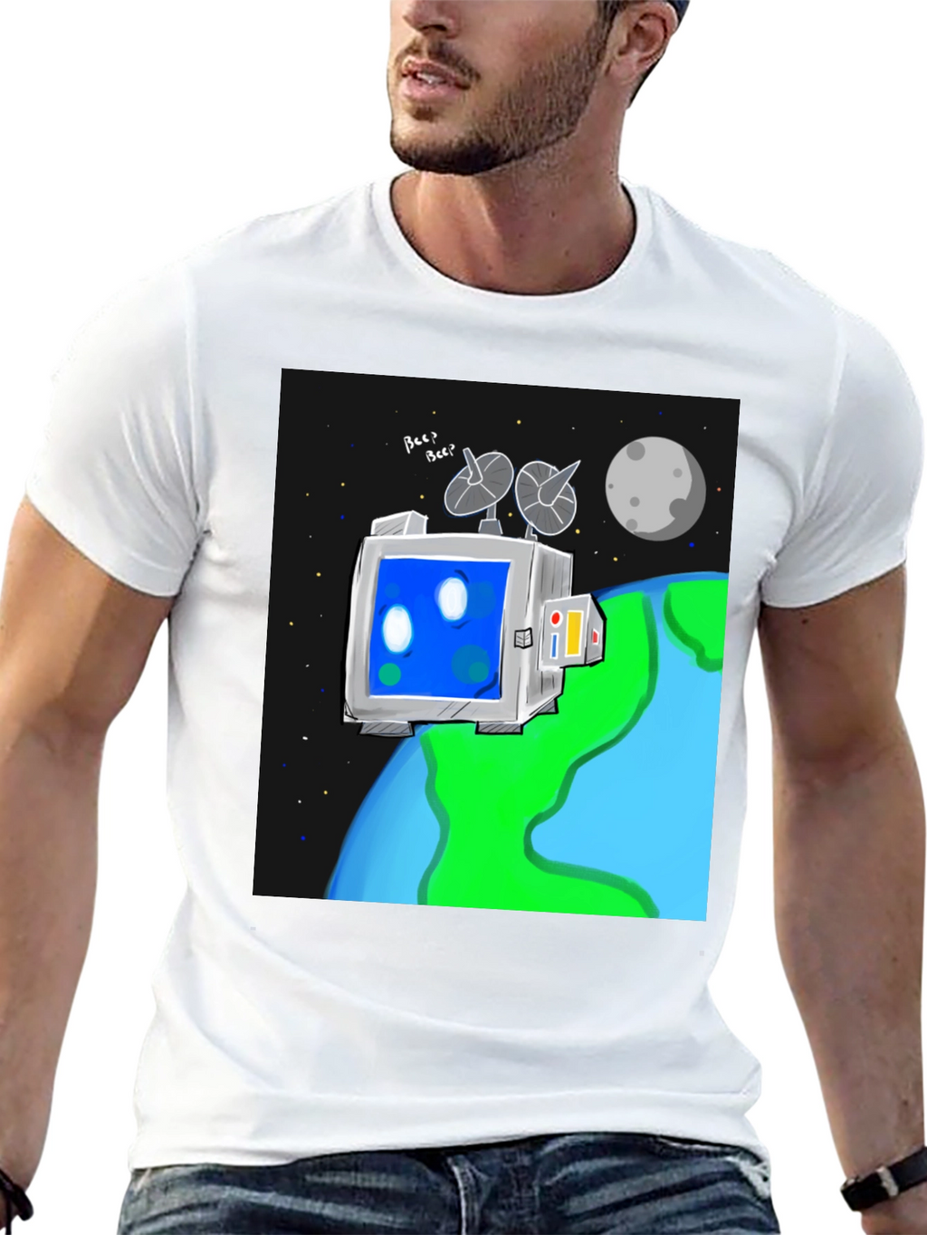 Space Robot Tee - Earth & Moon Graphic T-Shirt
