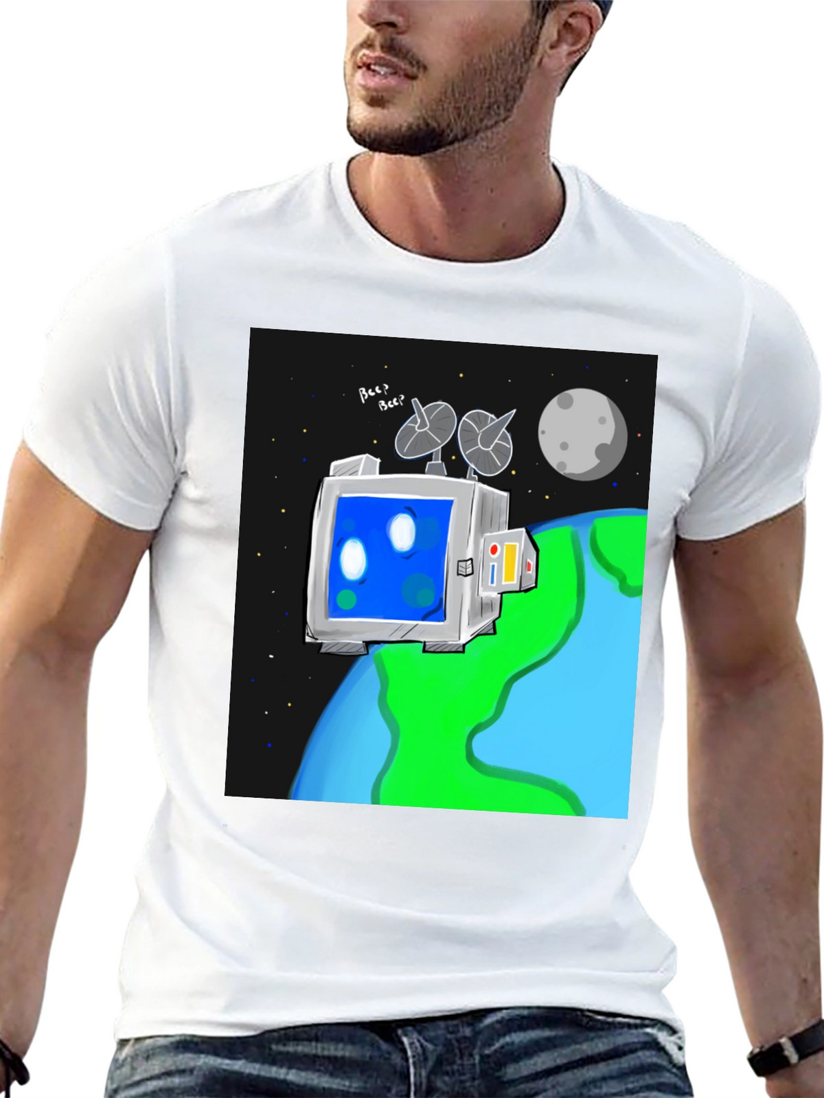 Space Robot Tee - Earth & Moon Graphic T-Shirt