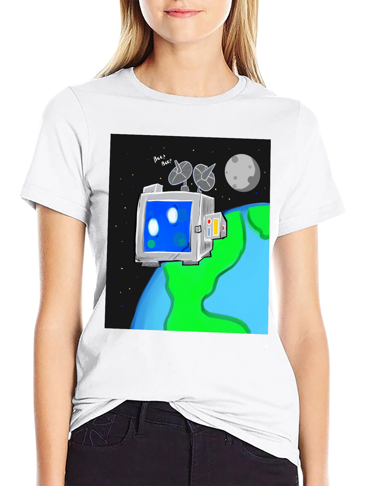 Space Robot Tee - Earth & Moon Graphic T-Shirt