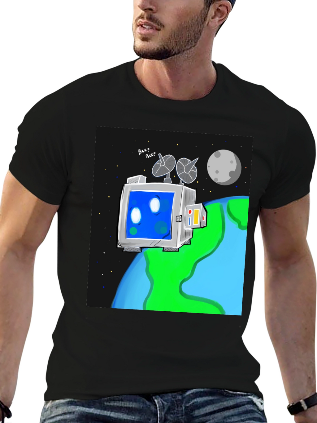 Space Robot Tee - Earth & Moon Graphic T-Shirt