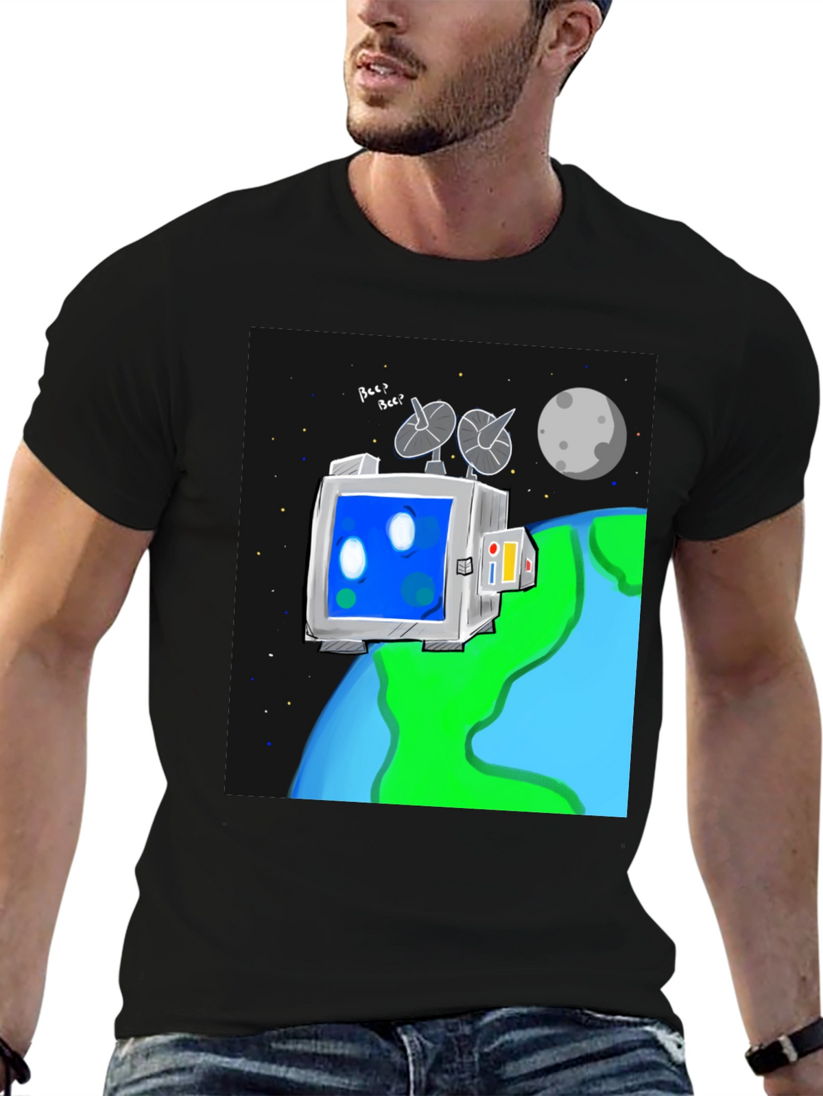 Space Robot Tee - Earth & Moon Graphic T-Shirt