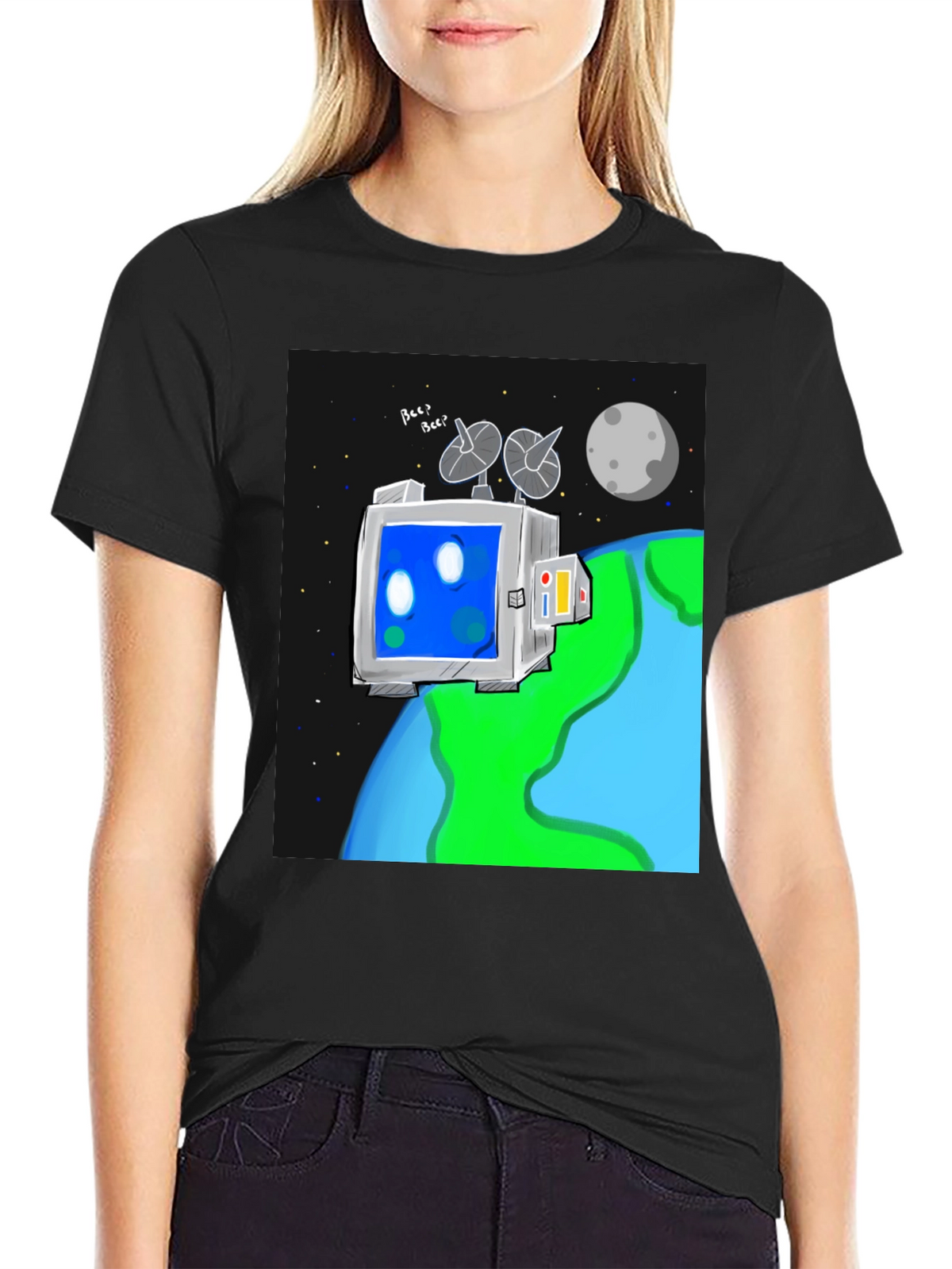 Space Robot Tee - Earth & Moon Graphic T-Shirt
