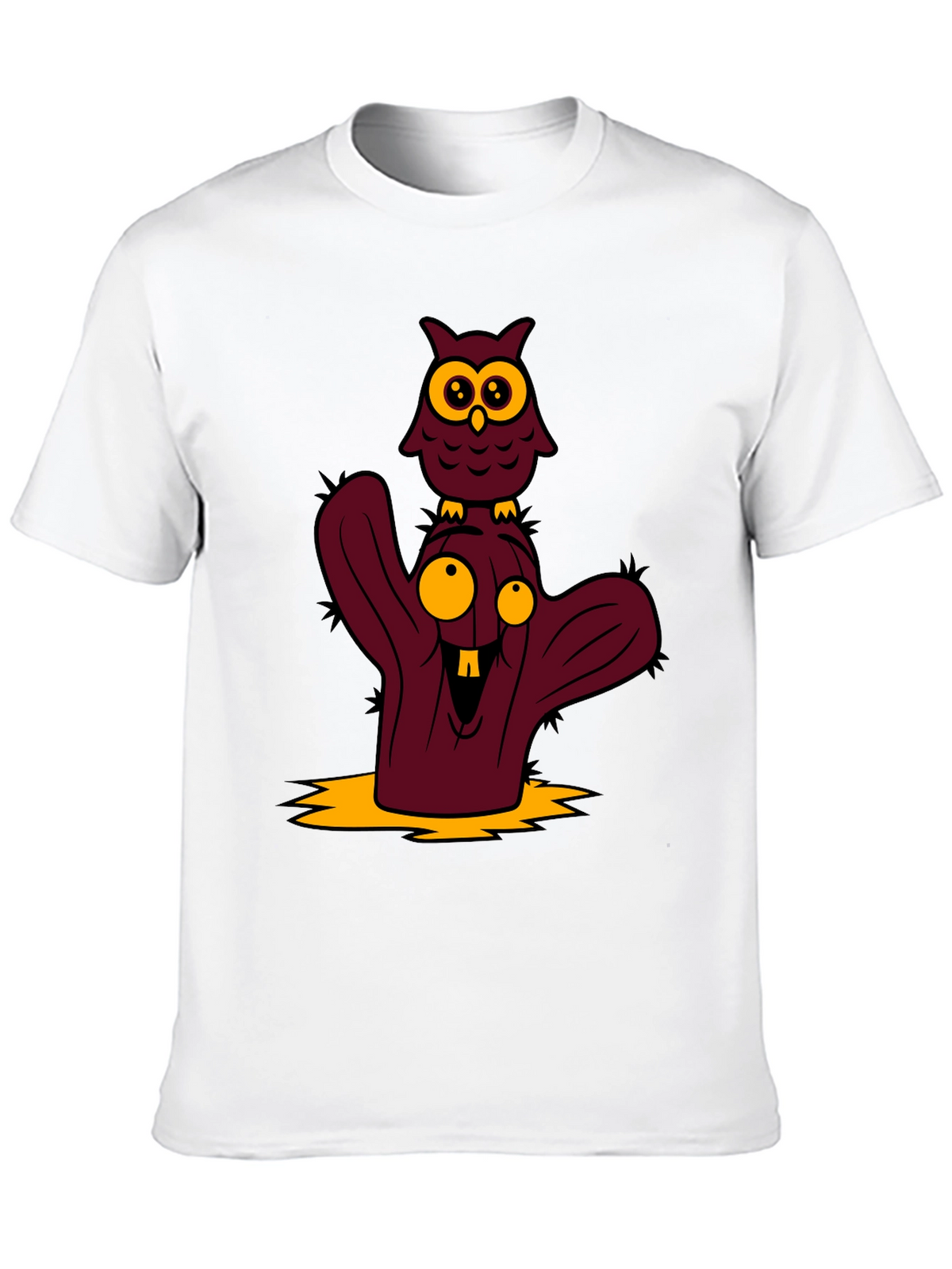 Cartoon Owl and Cactus Graphic T-Shirt