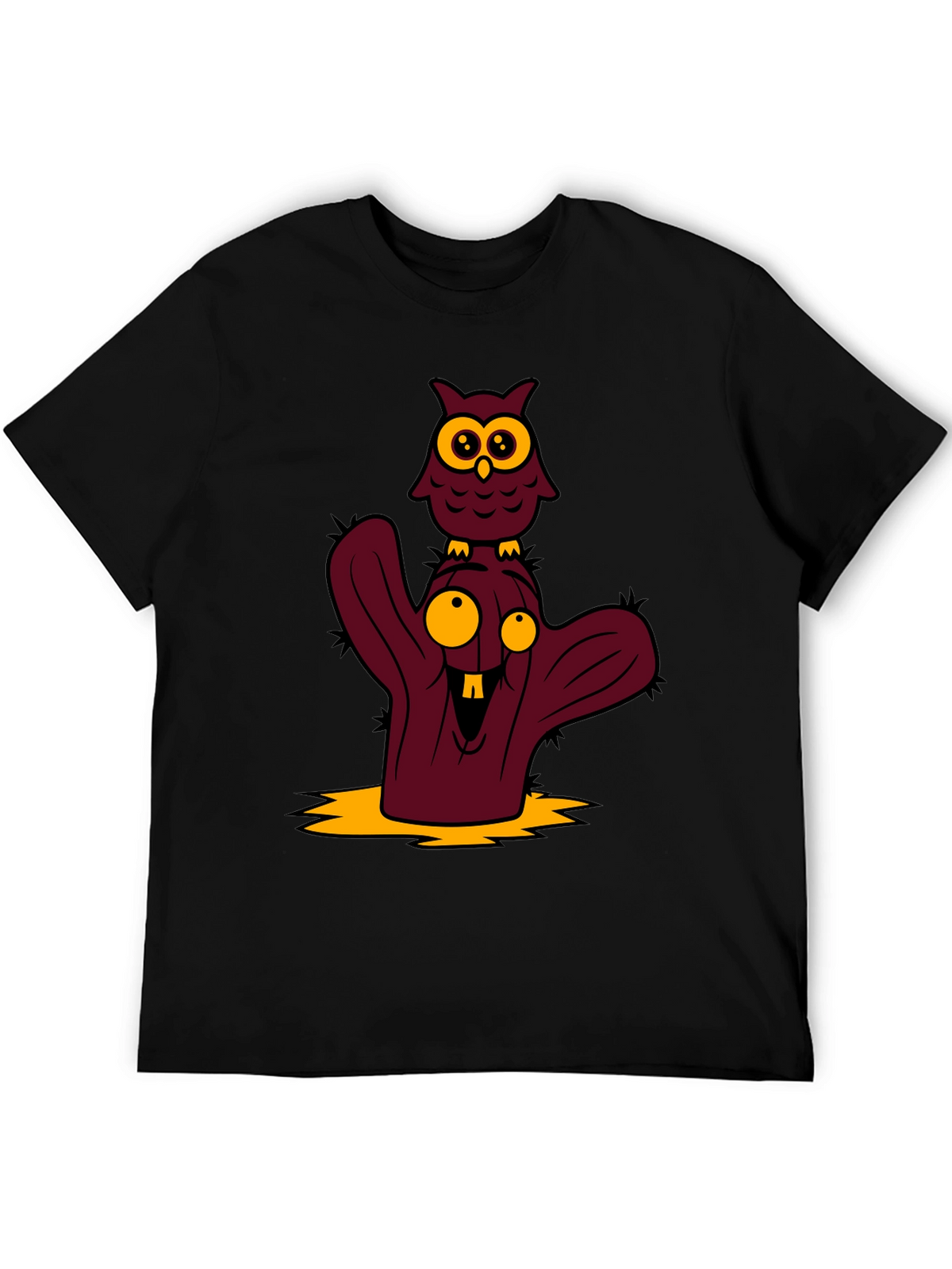Cartoon Owl and Cactus Graphic T-Shirt