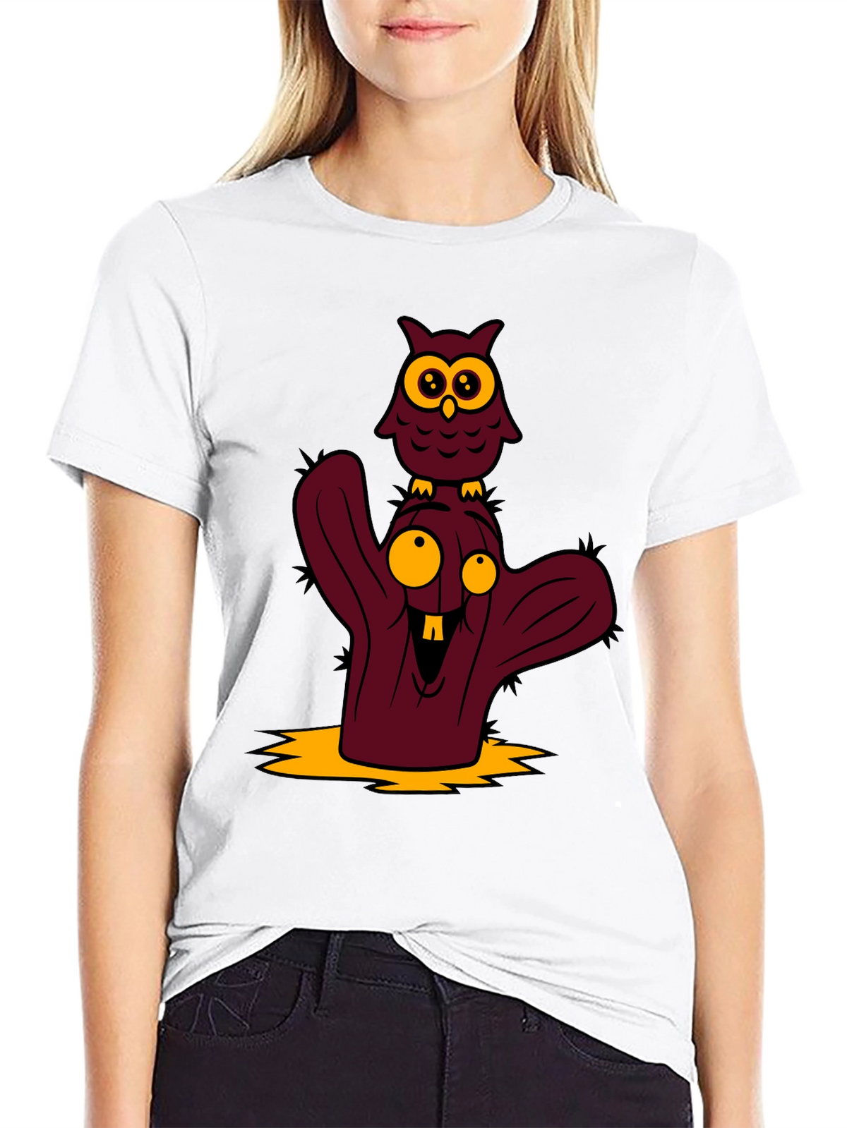 Cartoon Owl and Cactus Graphic T-Shirt