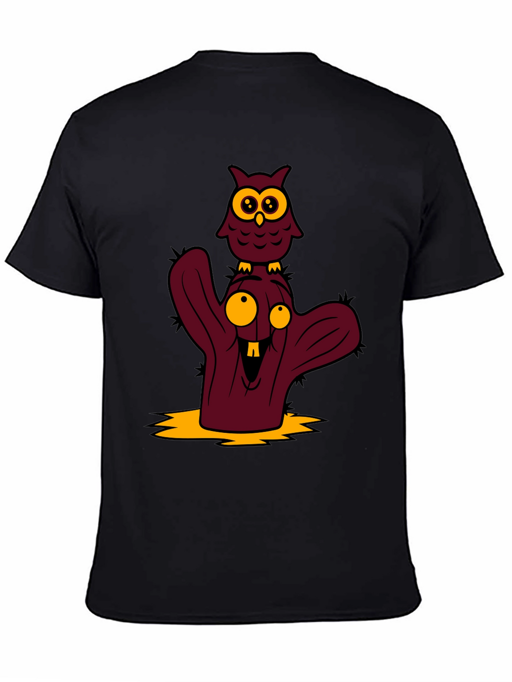 Cartoon Owl and Cactus Graphic T-Shirt
