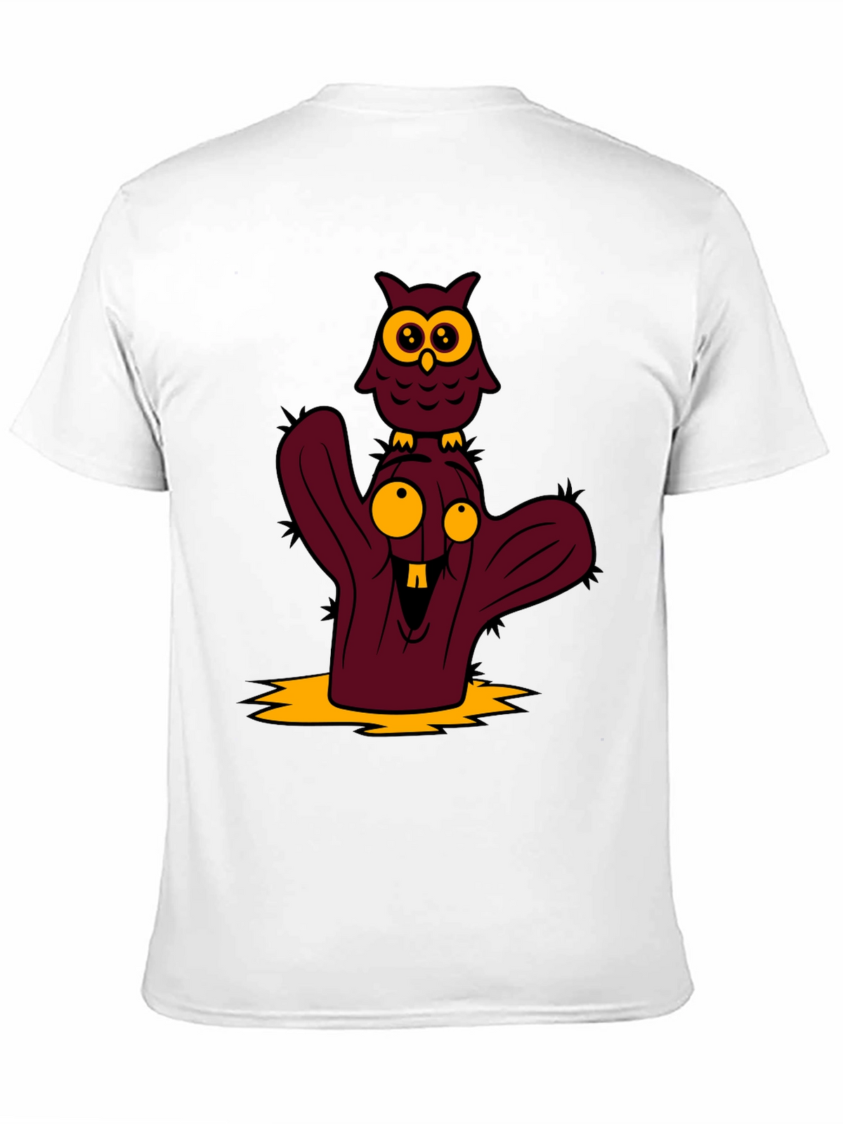 Cartoon Owl and Cactus Graphic T-Shirt
