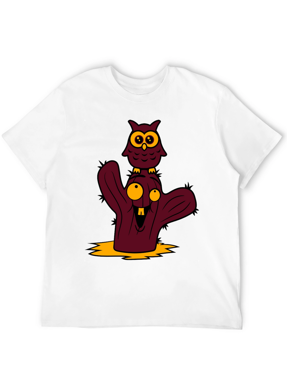 Cartoon Owl and Cactus Graphic T-Shirt