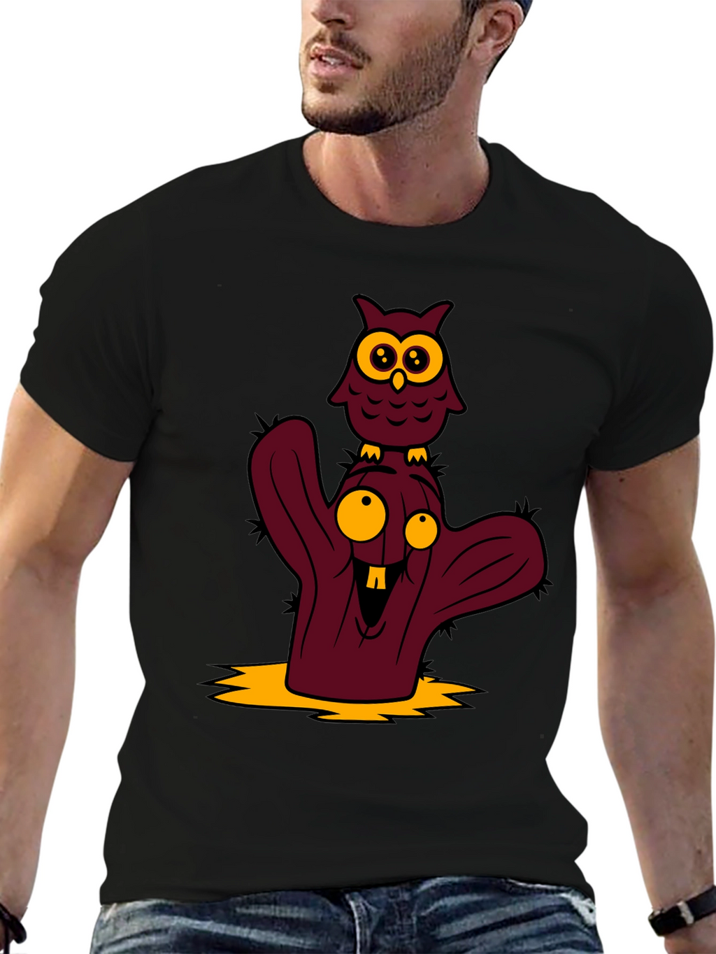 Cartoon Owl and Cactus Graphic T-Shirt