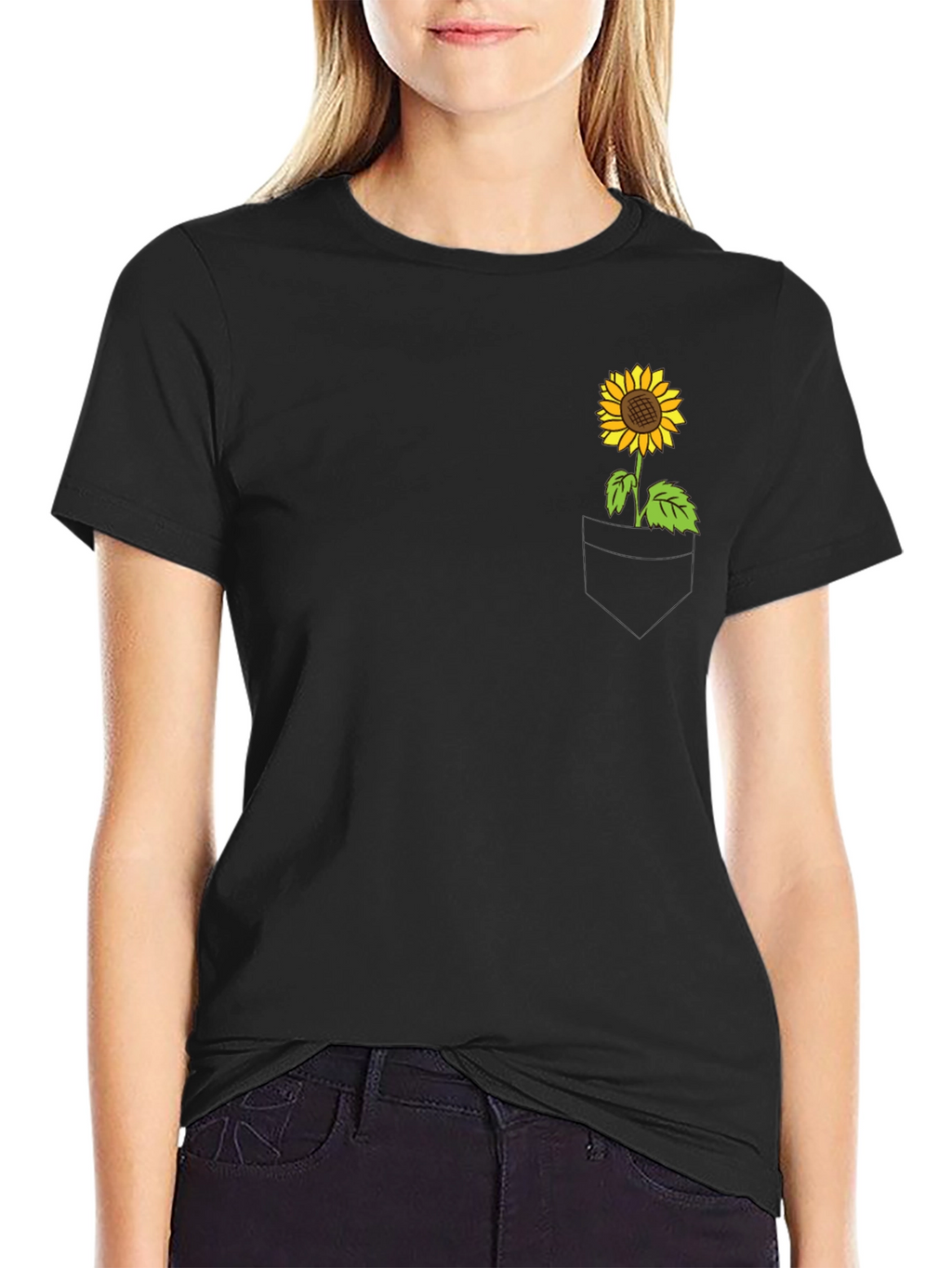 Sunflower Pocket Graphic Tee - Casual Black T-Shirt