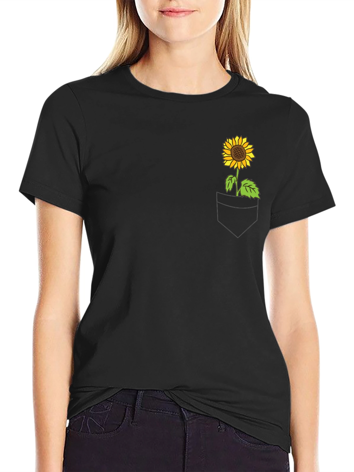 Sunflower Pocket Graphic Tee - Casual Black T-Shirt