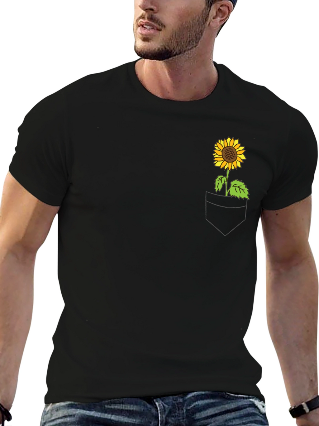 Sunflower Pocket Graphic Tee - Casual Black T-Shirt