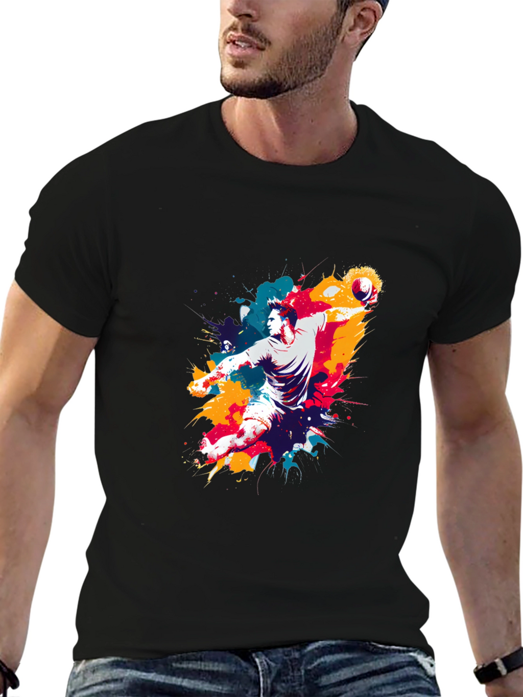 Abstract Handball Player Graphic Tee - Black