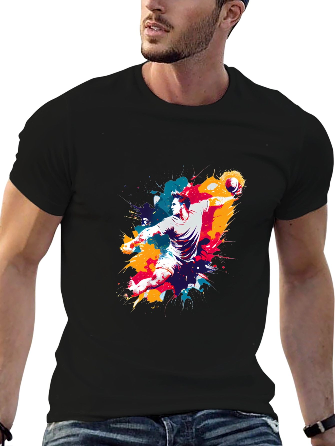 Abstract Handball Player Graphic Tee - Black