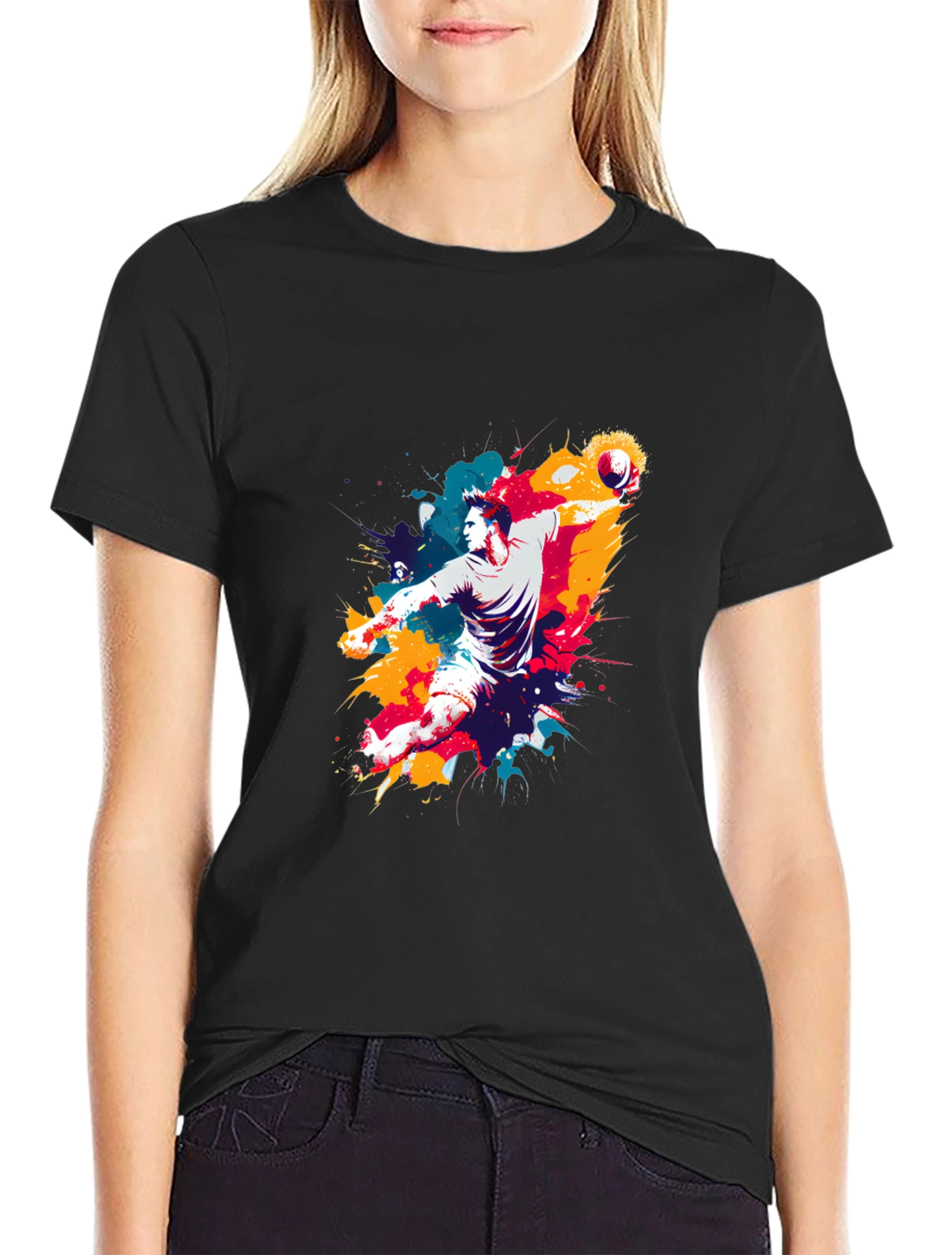Abstract Handball Player Graphic Tee - Black