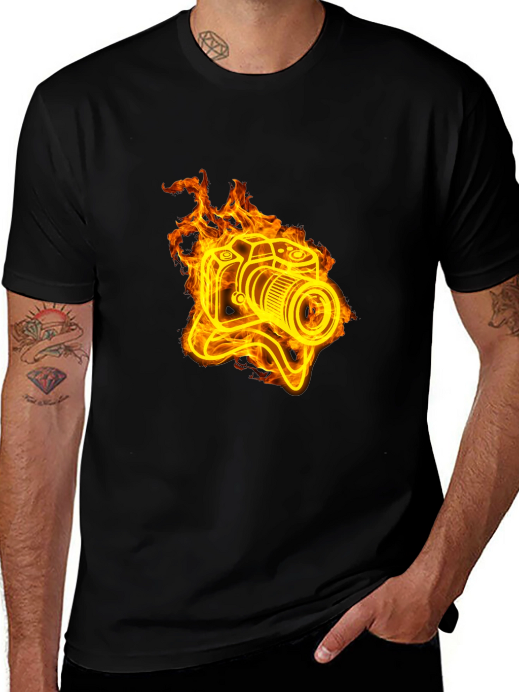 Fiery Camera Graphic Tee - Black Cotton T-Shirt