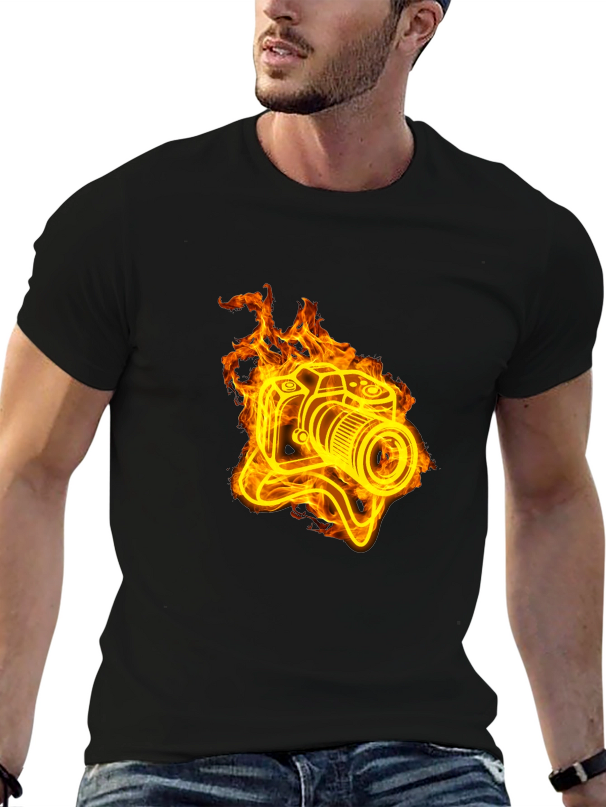 Fiery Camera Graphic Tee - Black Cotton T-Shirt