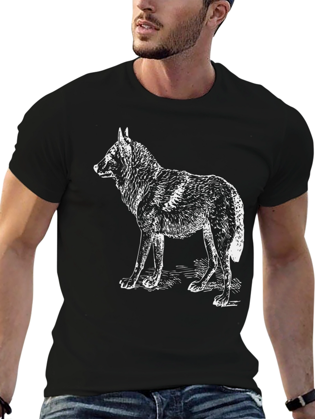 Black T-Shirt with White Wolf Design