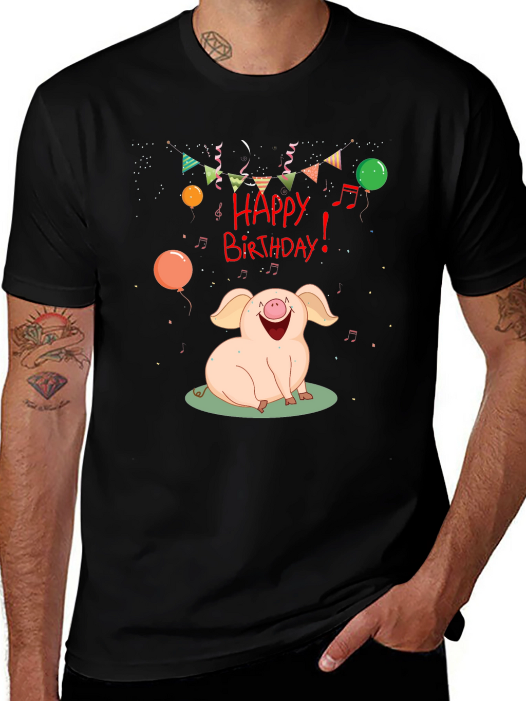 Happy Birthday Pig Graphic Tee - Black