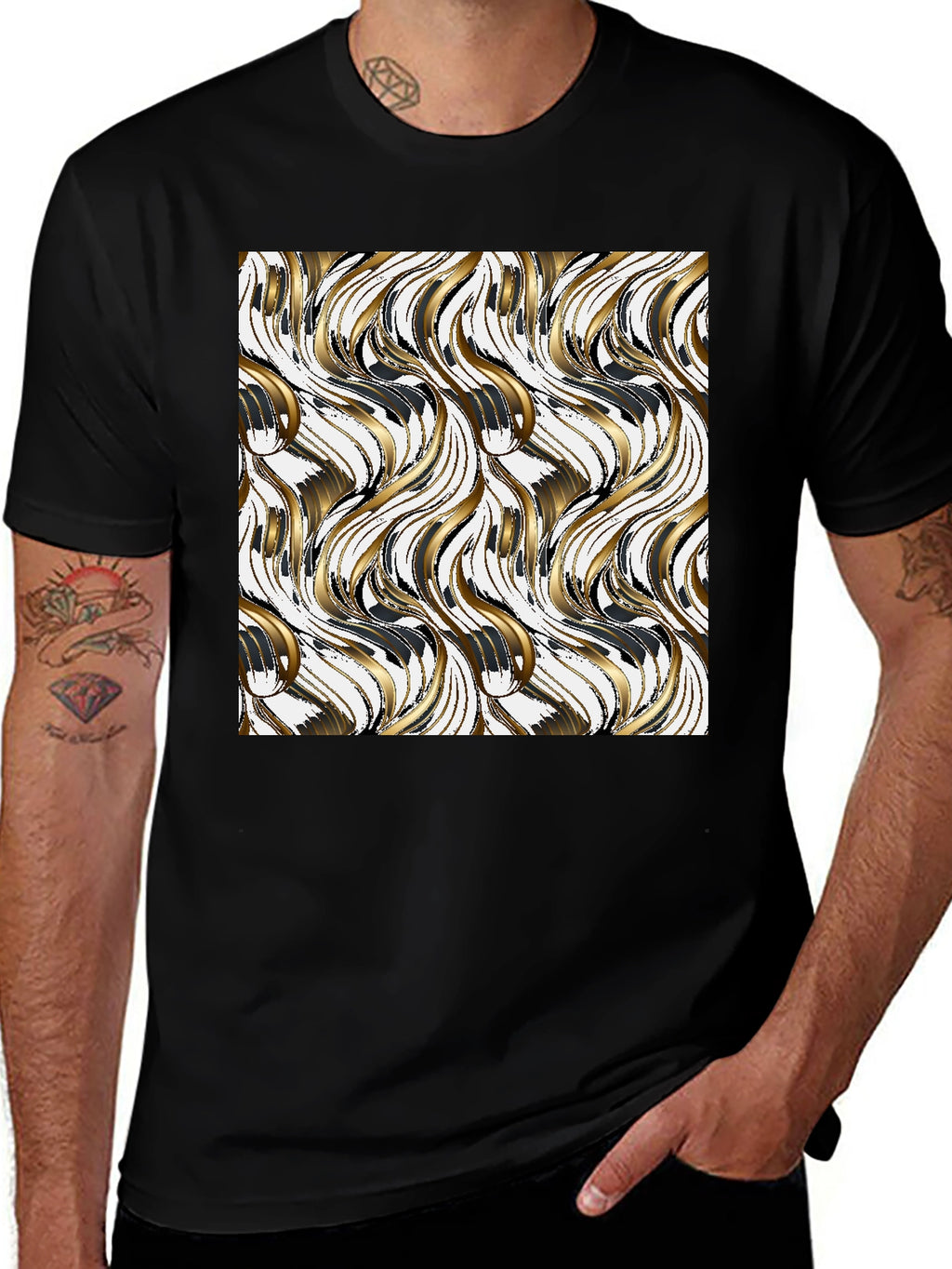 Stylish Black Tee with Gold Wave Design