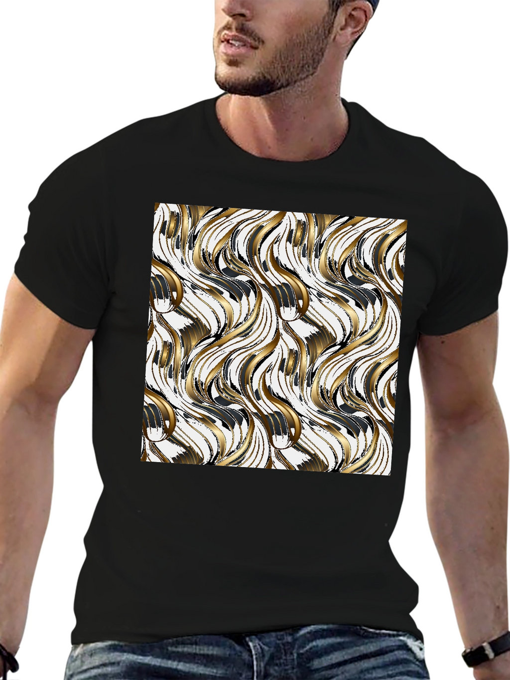 Stylish Black Tee with Gold Wave Design