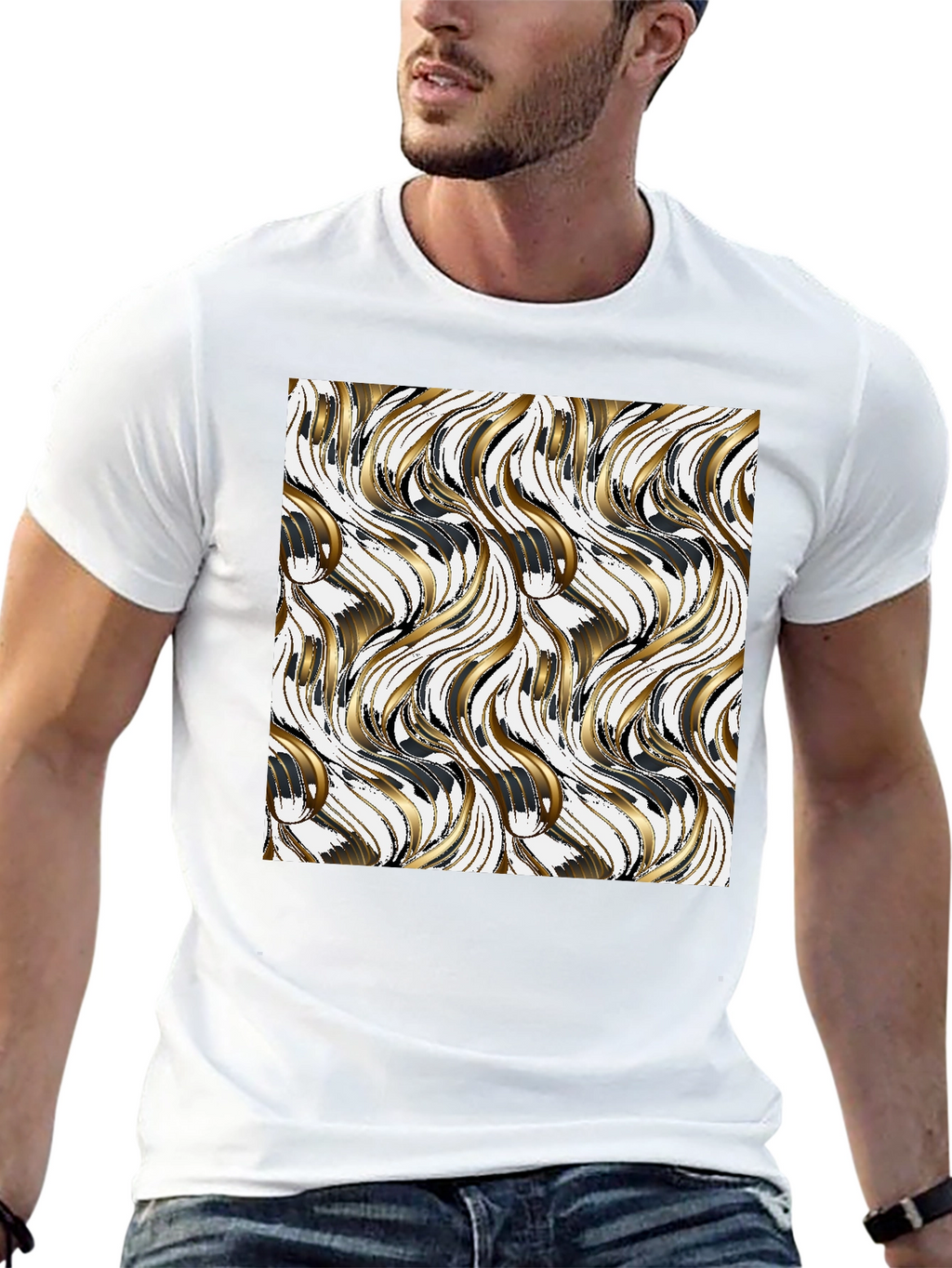 Stylish Black Tee with Gold Wave Design