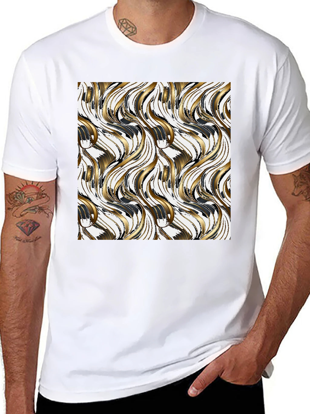 Stylish Black Tee with Gold Wave Design