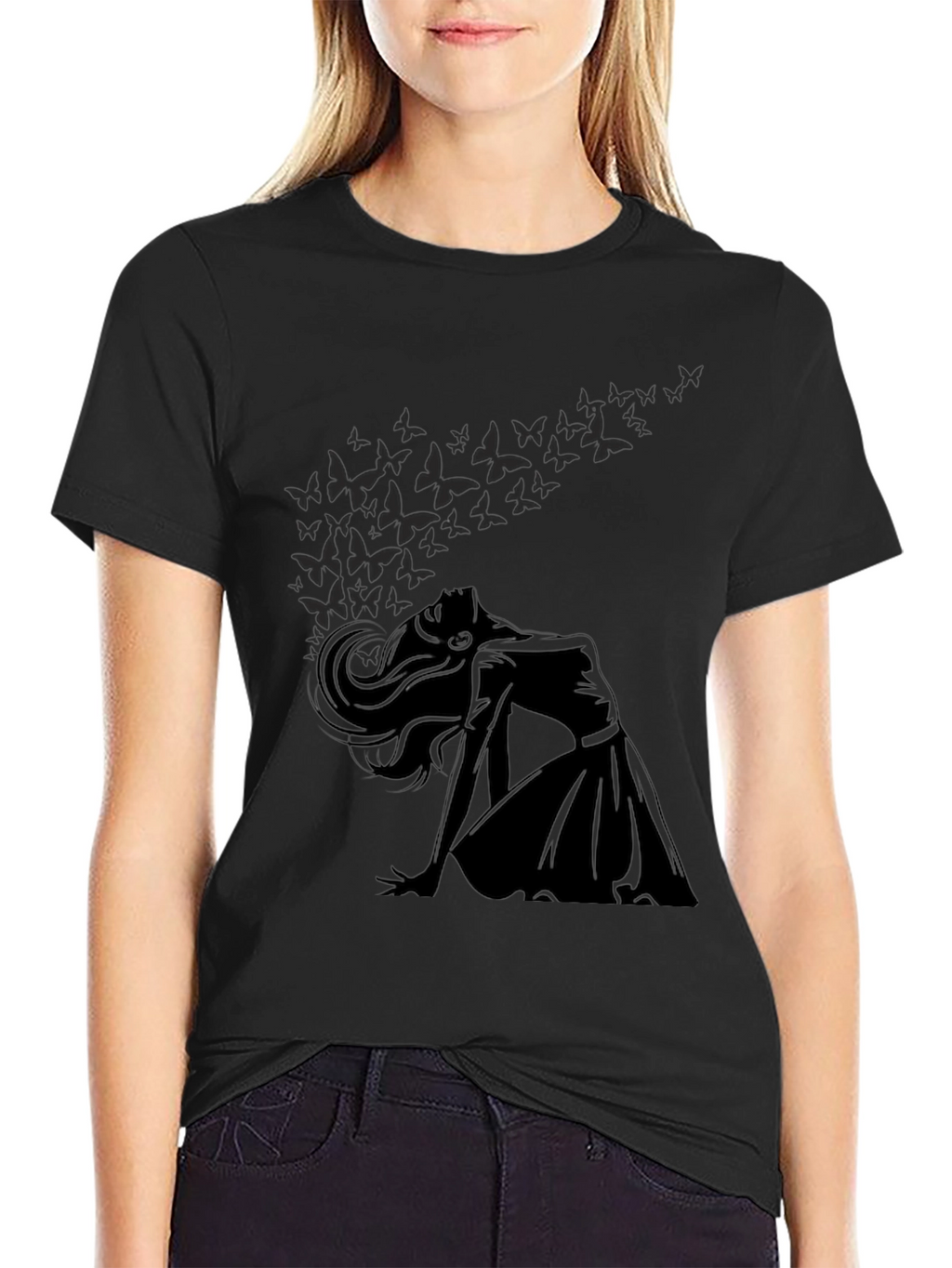 Elegant Woman & Butterfly Graphic T-Shirt