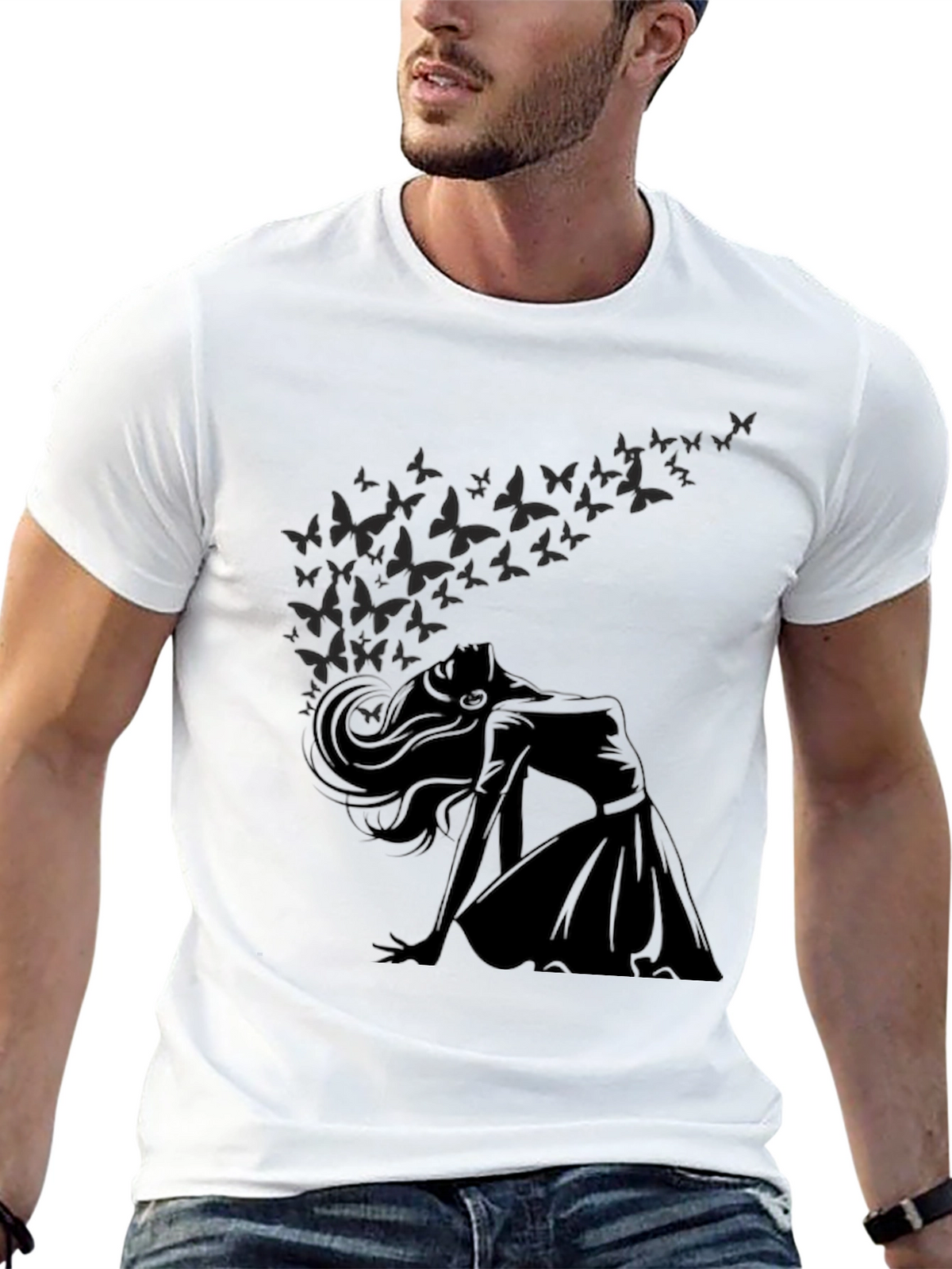 Elegant Woman & Butterfly Graphic T-Shirt