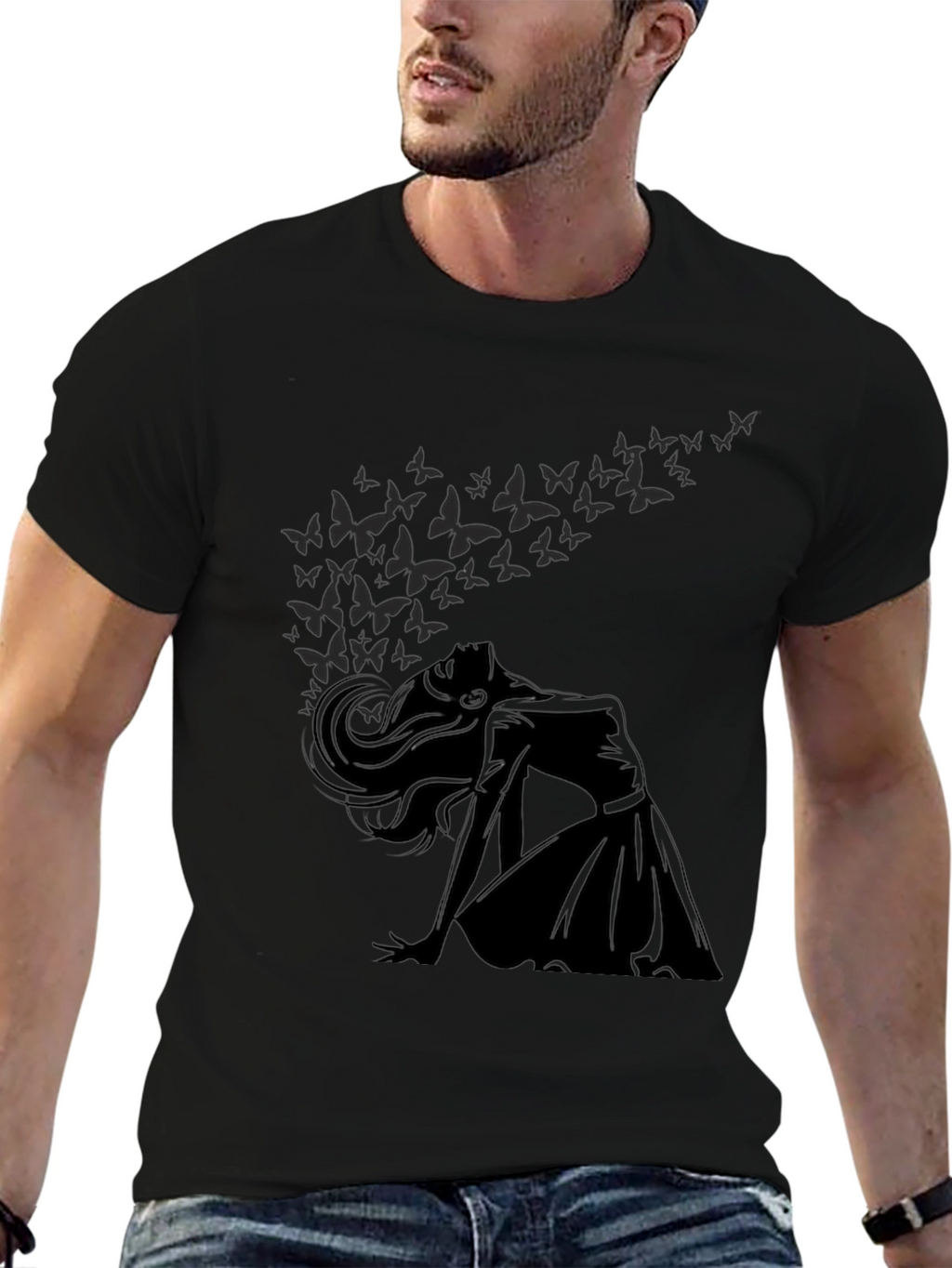 Elegant Woman & Butterfly Graphic T-Shirt