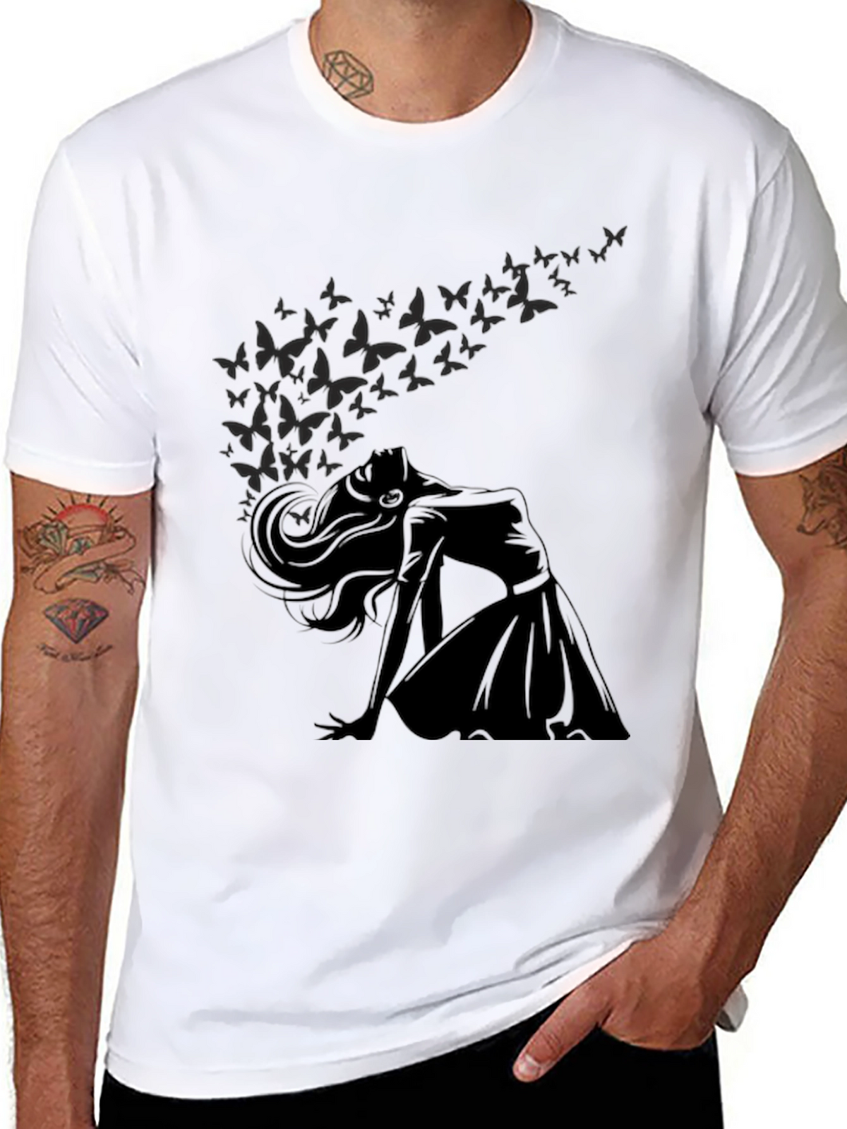 Elegant Woman & Butterfly Graphic T-Shirt