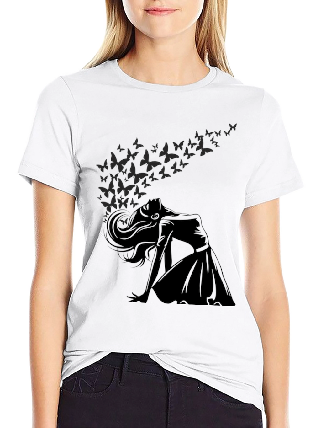 Elegant Woman & Butterfly Graphic T-Shirt