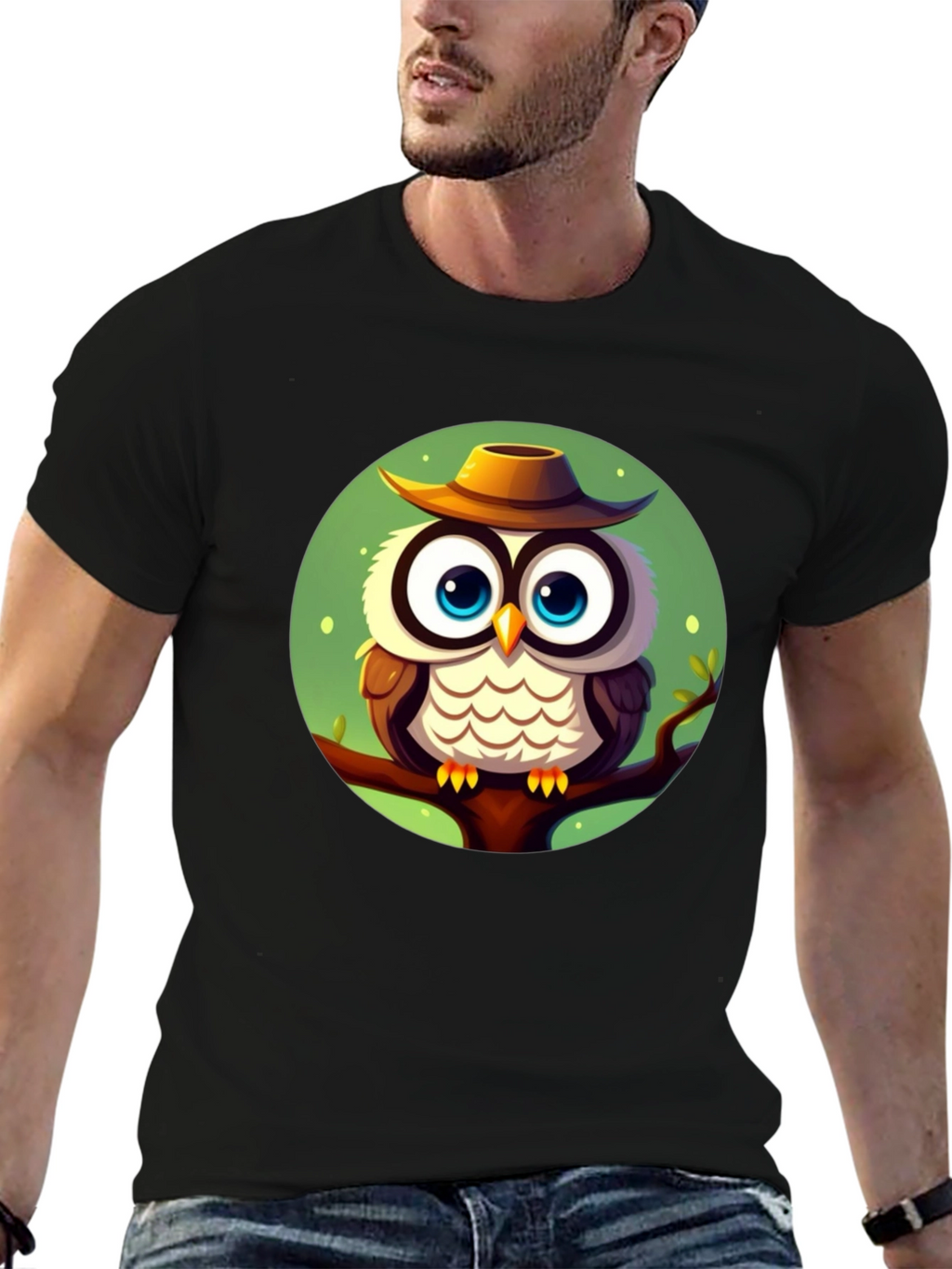 Owl with Hat Graphic Tee - Mens Black T-Shirt