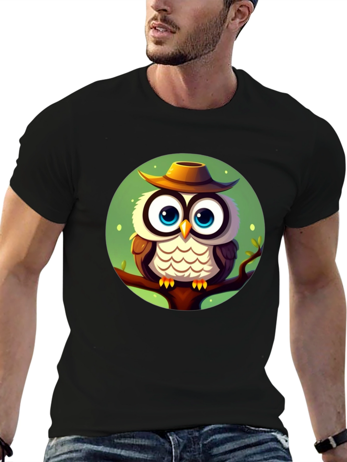 Owl with Hat Graphic Tee - Mens Black T-Shirt