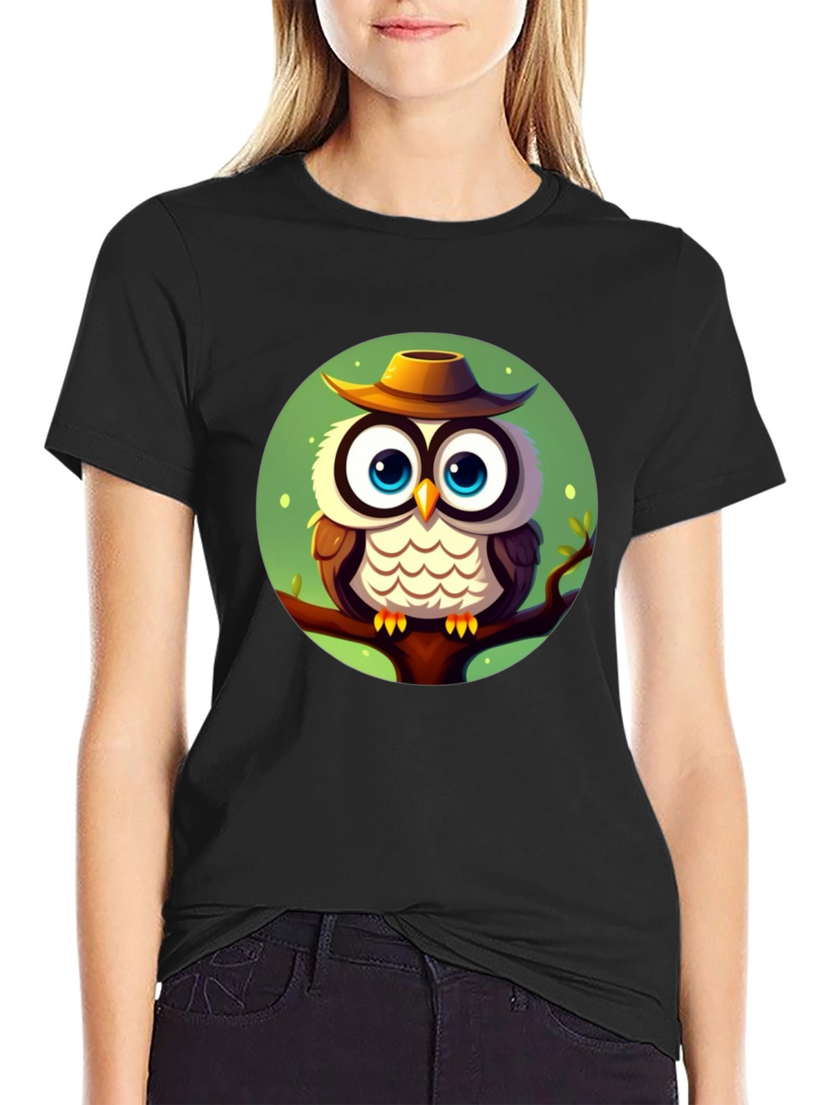 Owl with Hat Graphic Tee - Mens Black T-Shirt