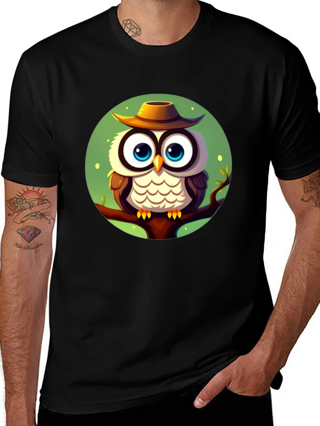 Owl with Hat Graphic Tee - Mens Black T-Shirt
