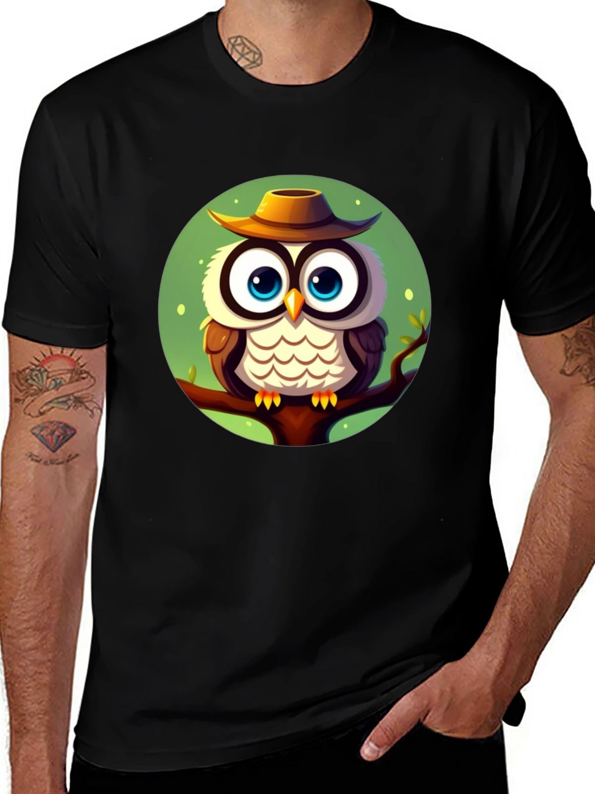 Owl with Hat Graphic Tee - Mens Black T-Shirt