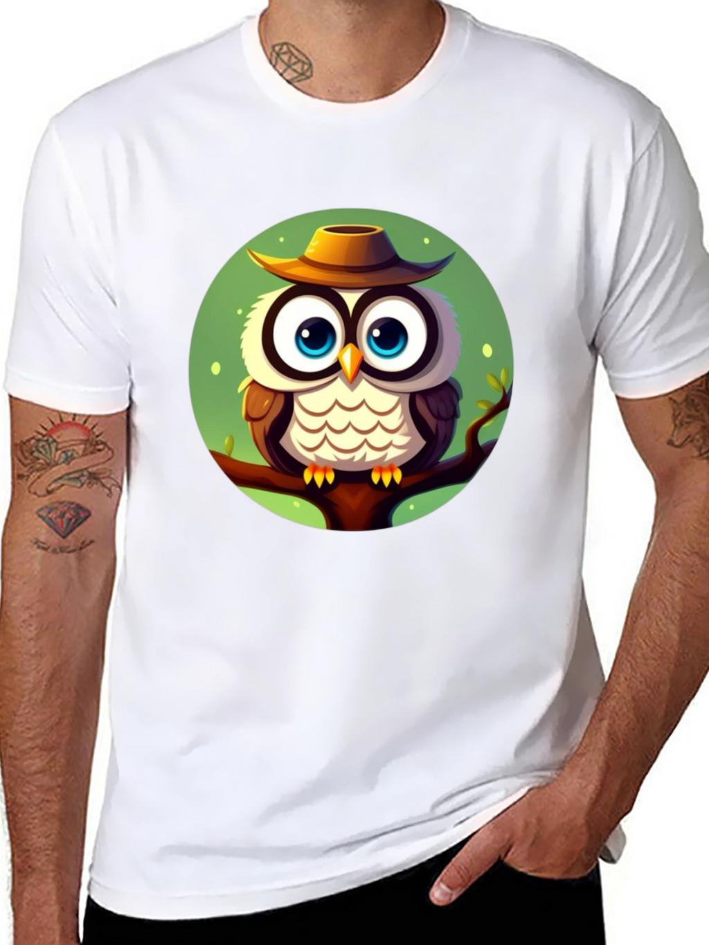 Owl with Hat Graphic Tee - Mens Black T-Shirt