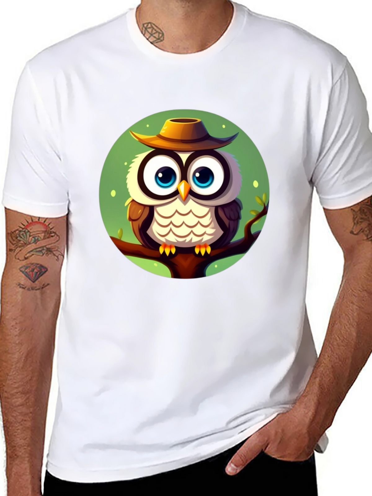 Owl with Hat Graphic Tee - Mens Black T-Shirt