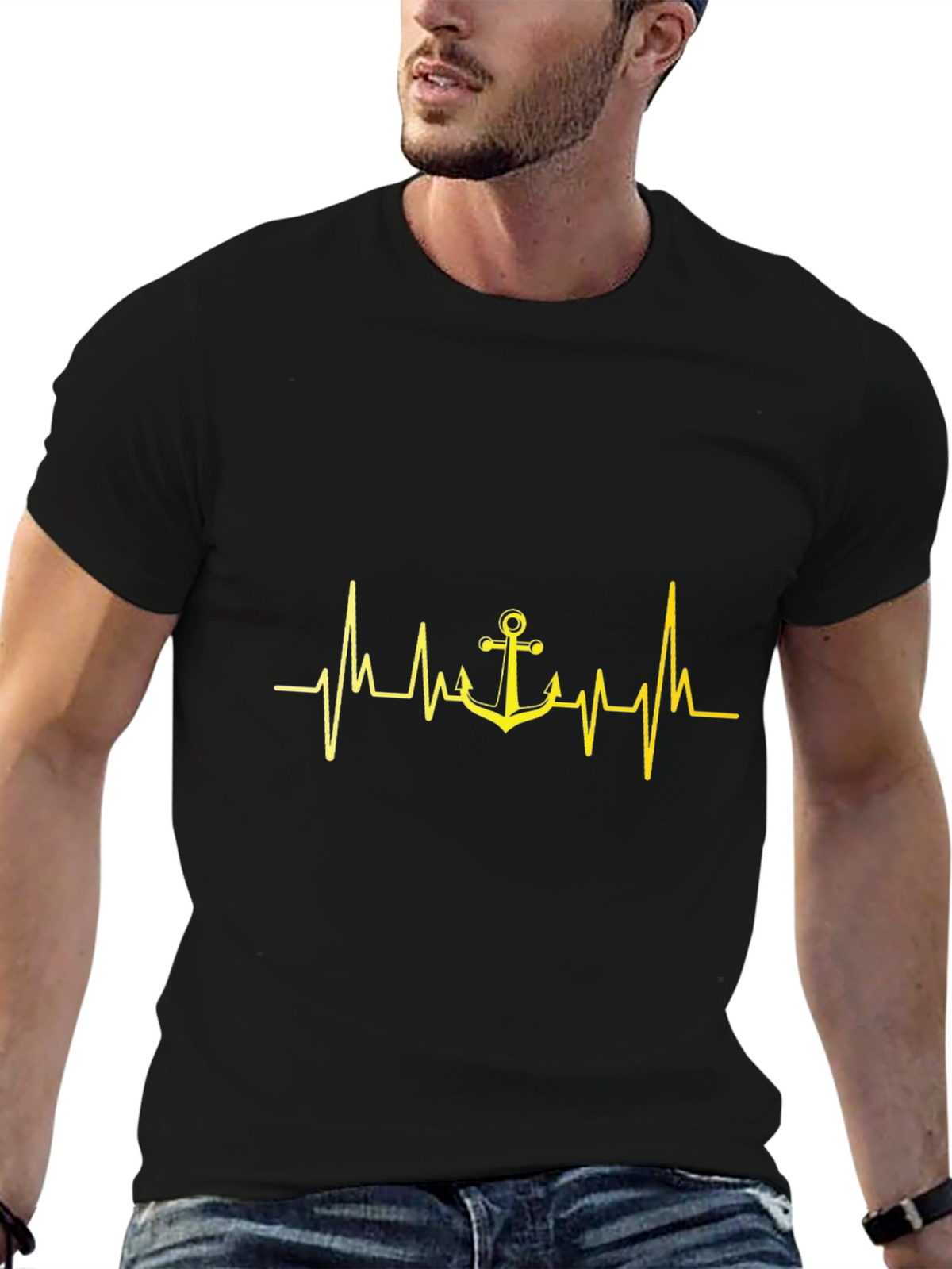 Anchor Heartbeat Graphic Tee - Black Cotton T-Shirt