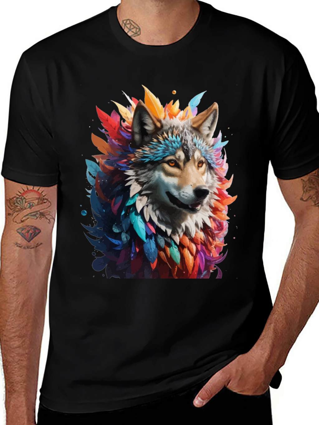 Wolf Feather Art Black T-Shirt