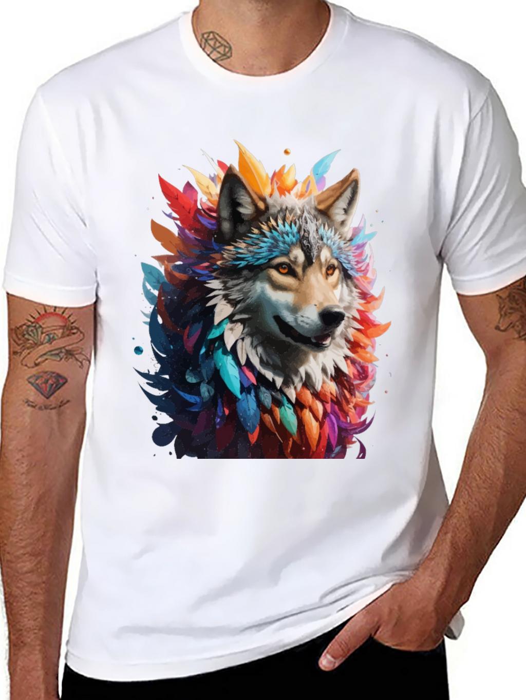 Wolf Feather Art Black T-Shirt