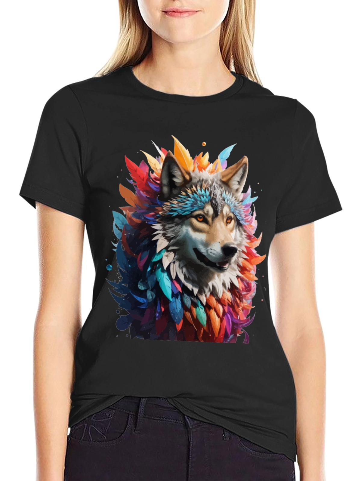 Wolf Feather Art Black T-Shirt