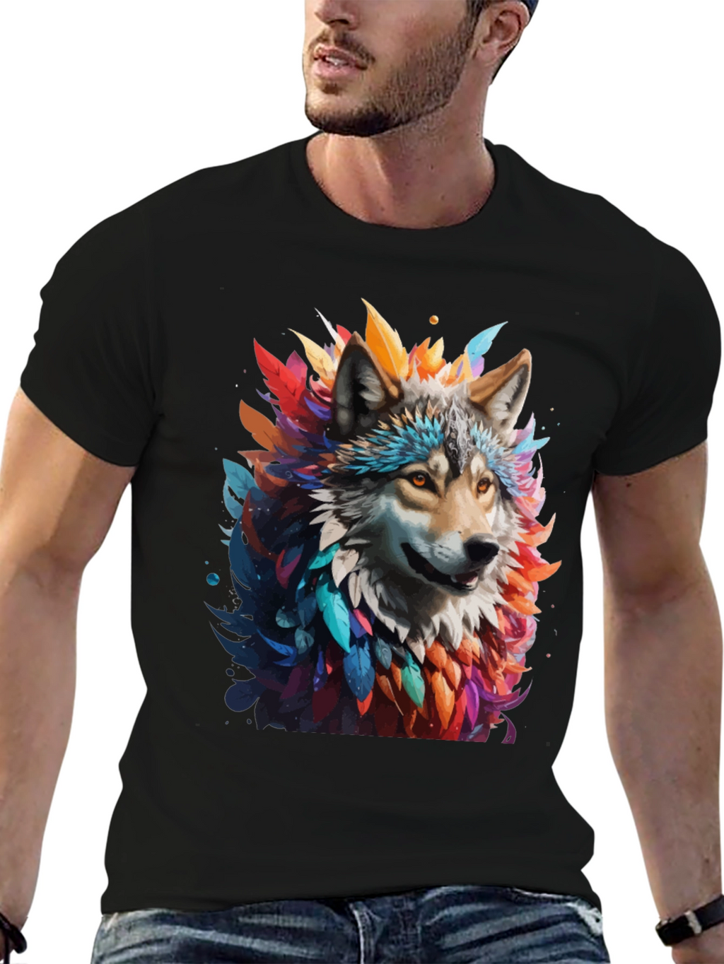 Wolf Feather Art Black T-Shirt