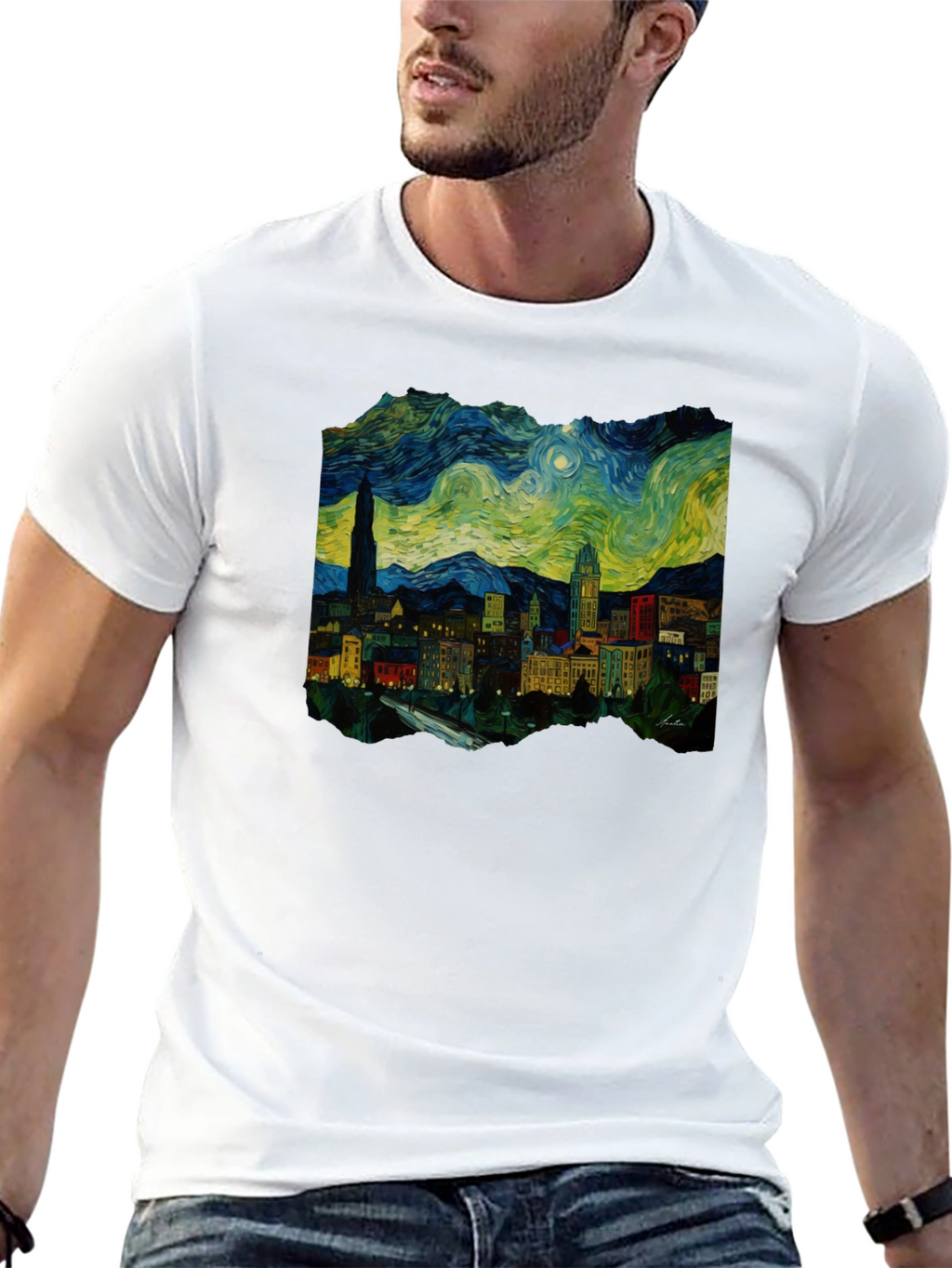 Starry Night Cityscape Black T-Shirt