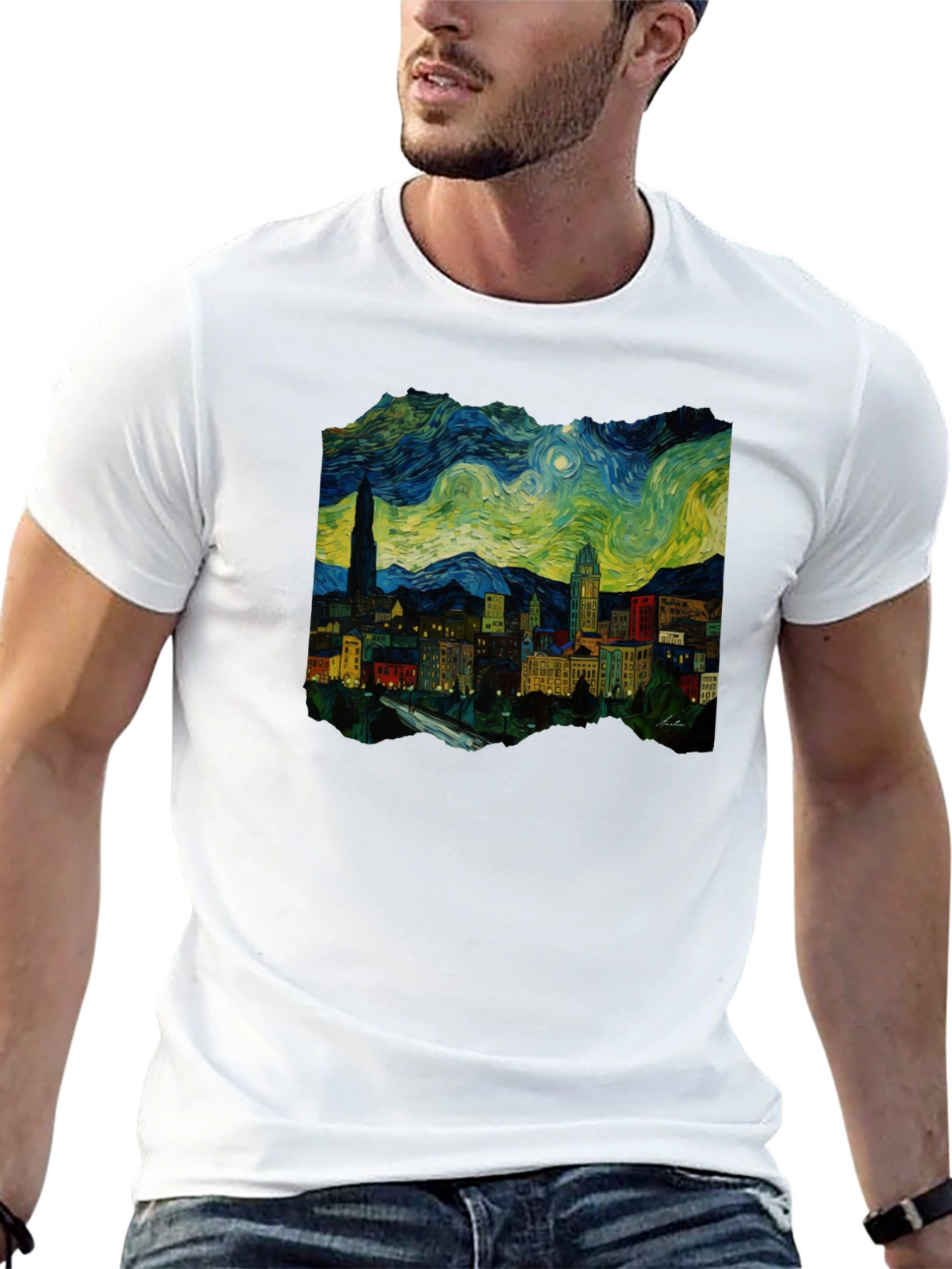 Starry Night Cityscape Black T-Shirt