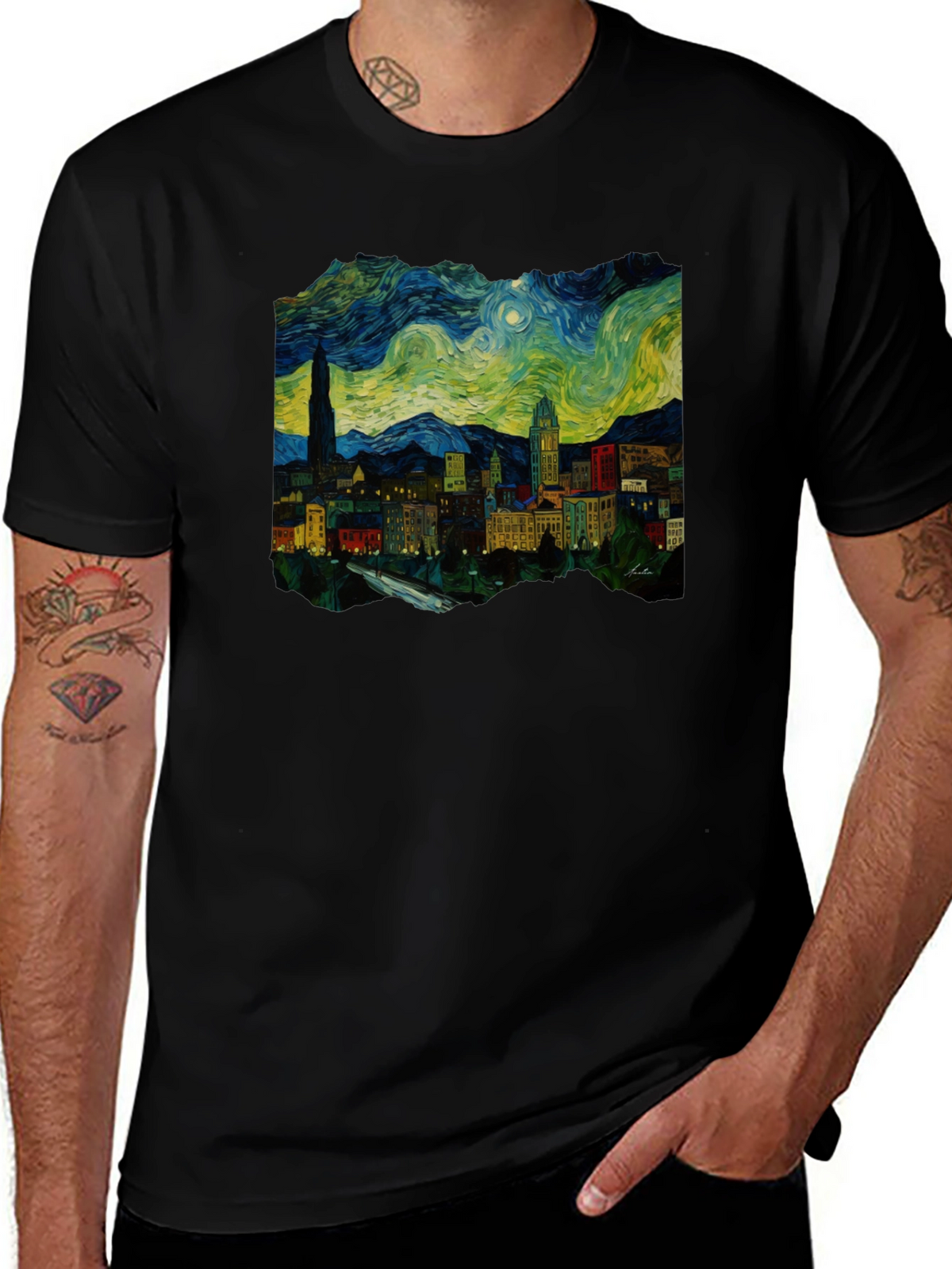 Starry Night Cityscape Black T-Shirt