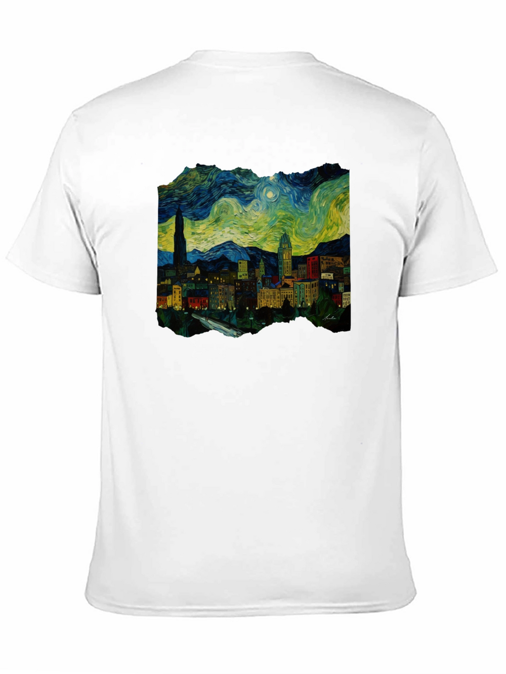 Starry Night Cityscape Black T-Shirt