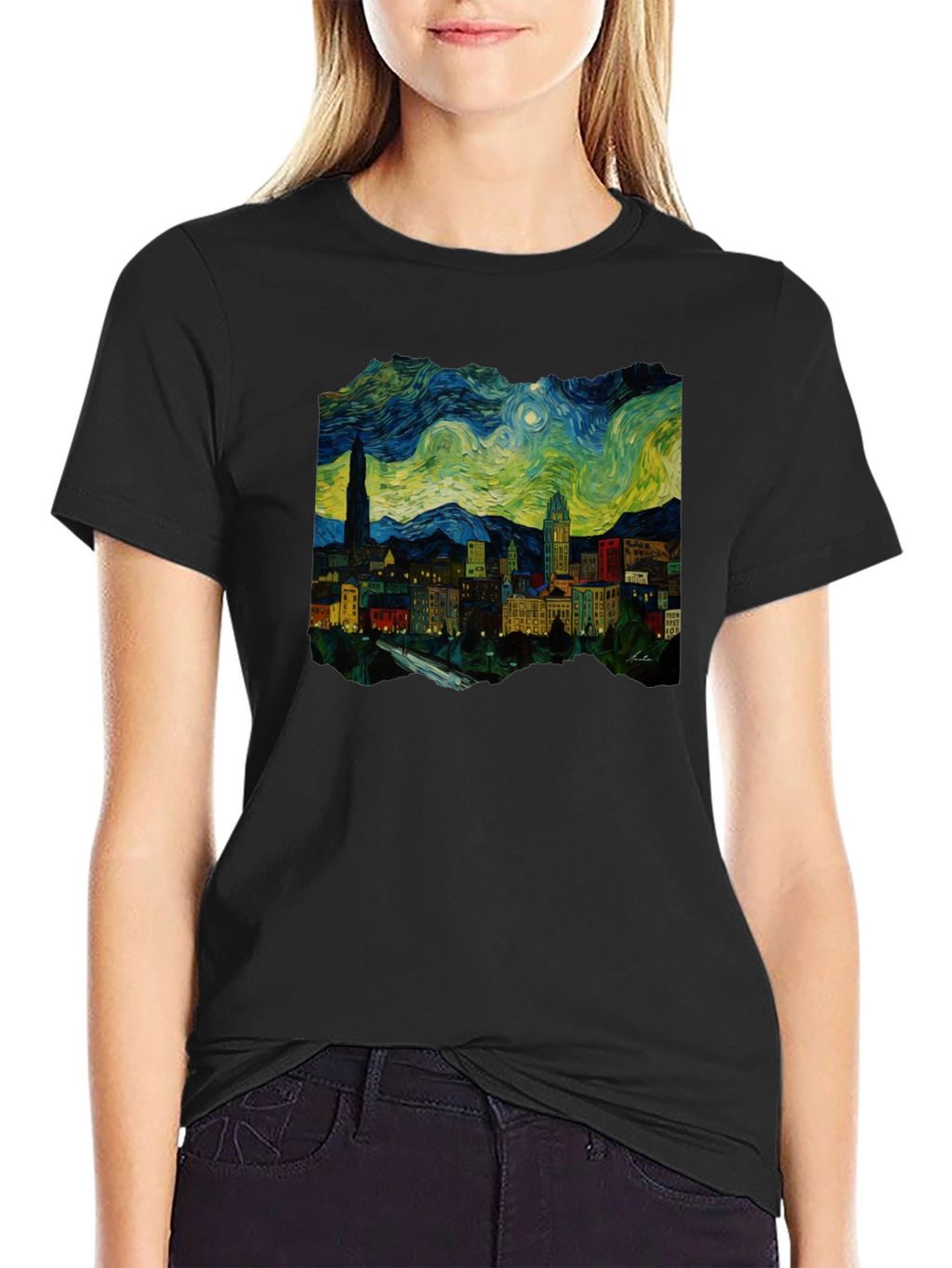 Starry Night Cityscape Black T-Shirt